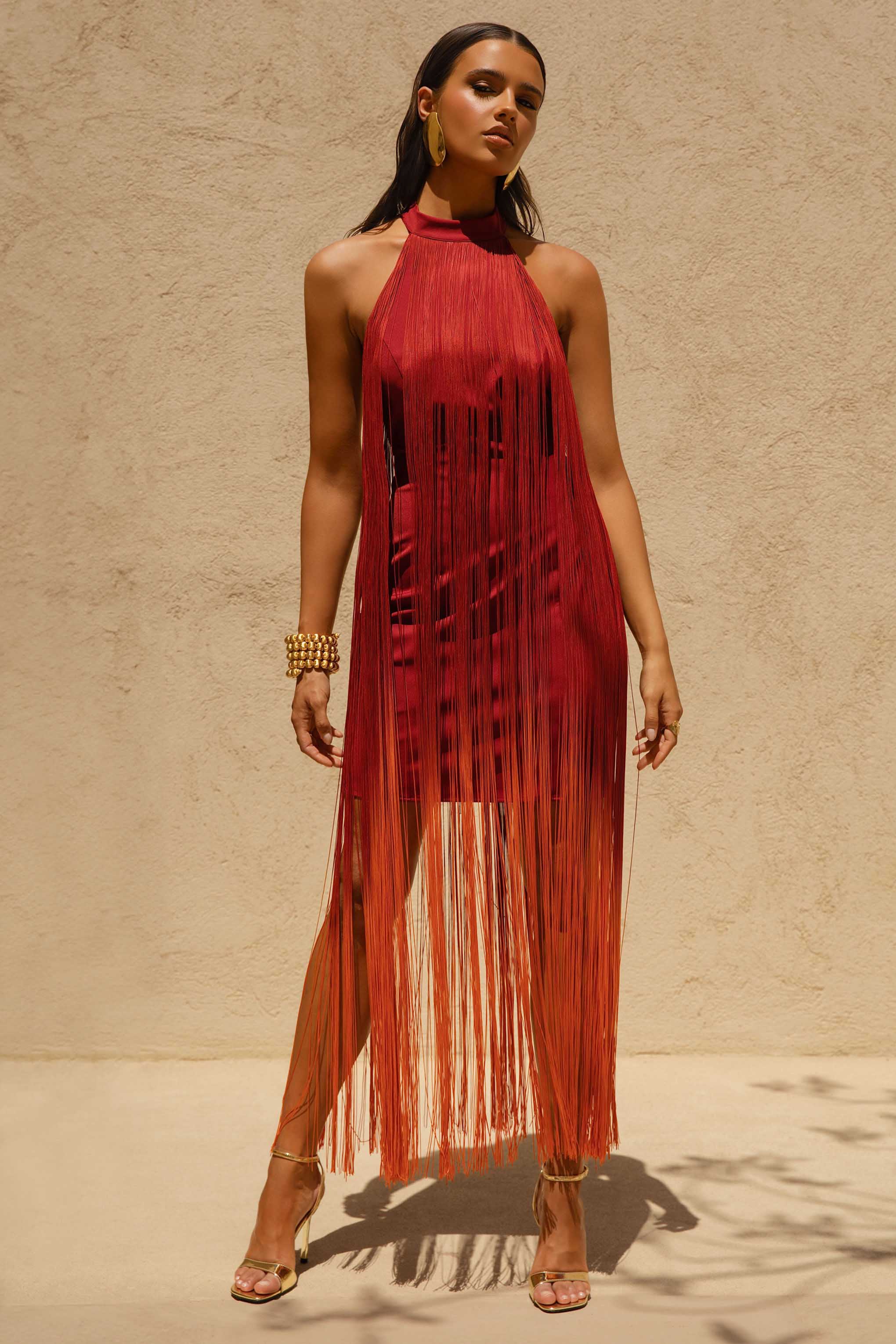 Alessia | Orangefarbenes Ombre-Fransen-Minikleid mit hohem Kragen - Image 2