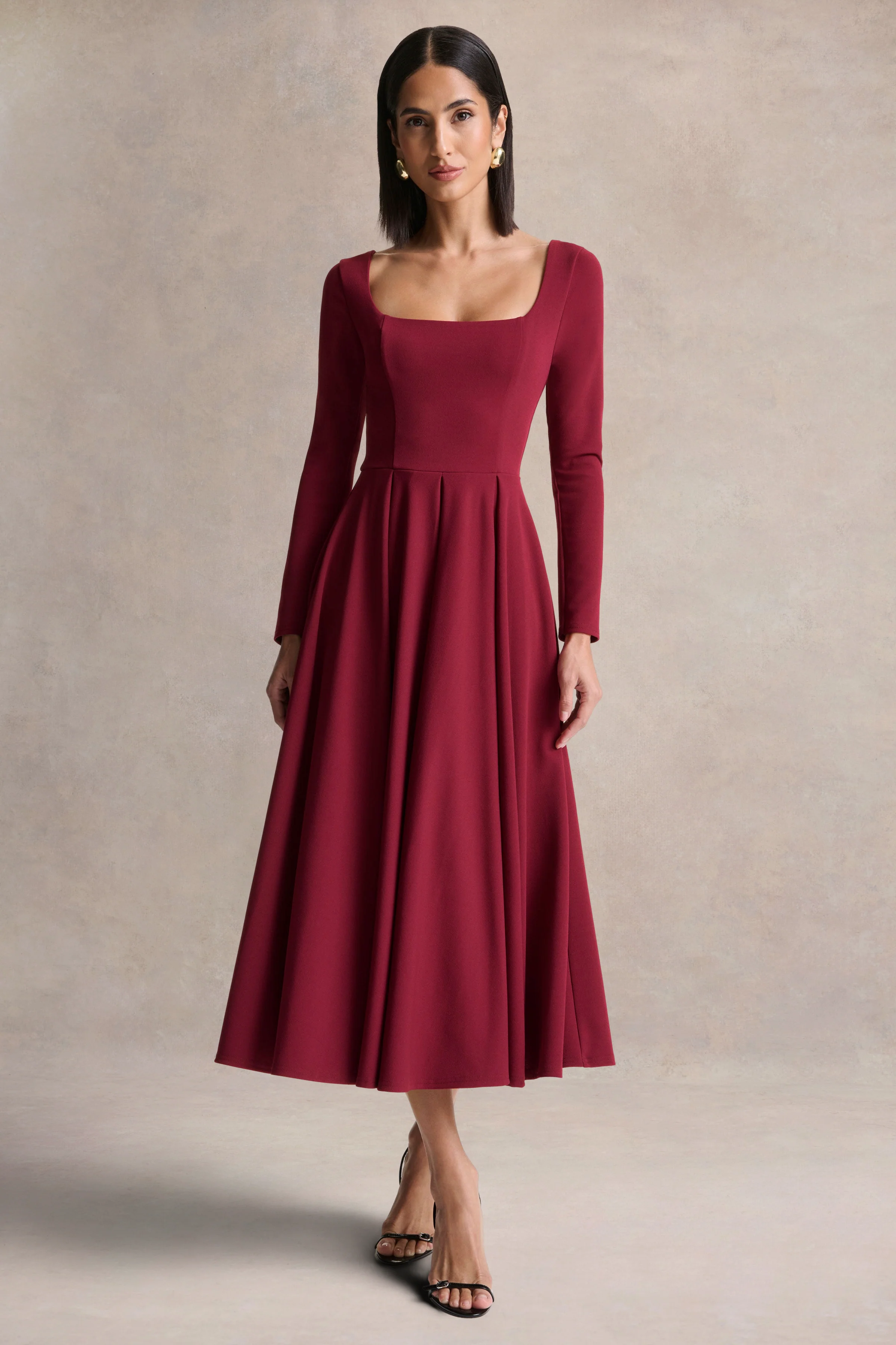 Alison | Burgunderfarbenes Midikleid mit eckigem Ausschnitt und A-Linien-Schnitt