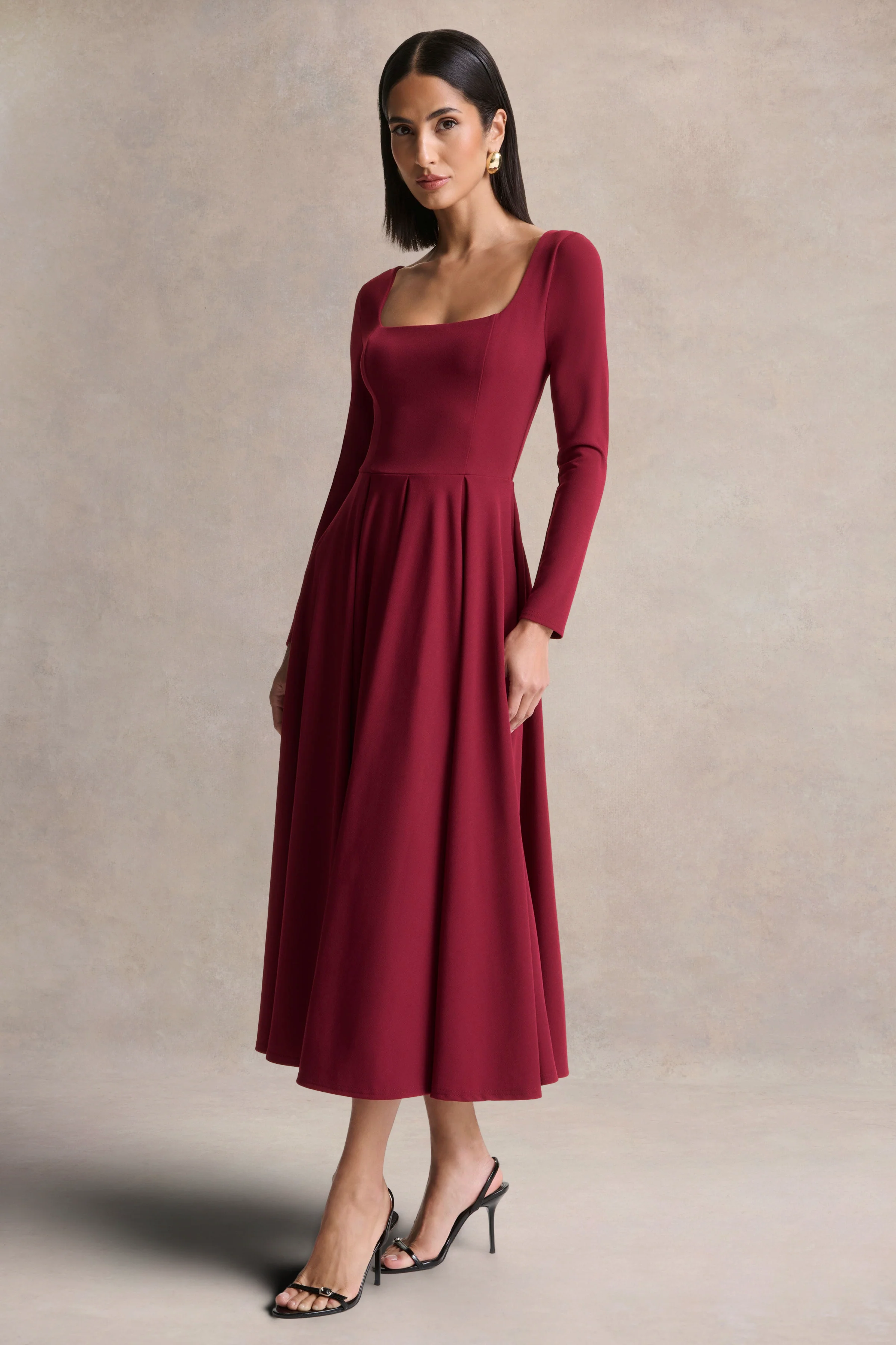 Alison | Burgunderfarbenes Midikleid mit eckigem Ausschnitt und A-Linien-Schnitt - Image 5