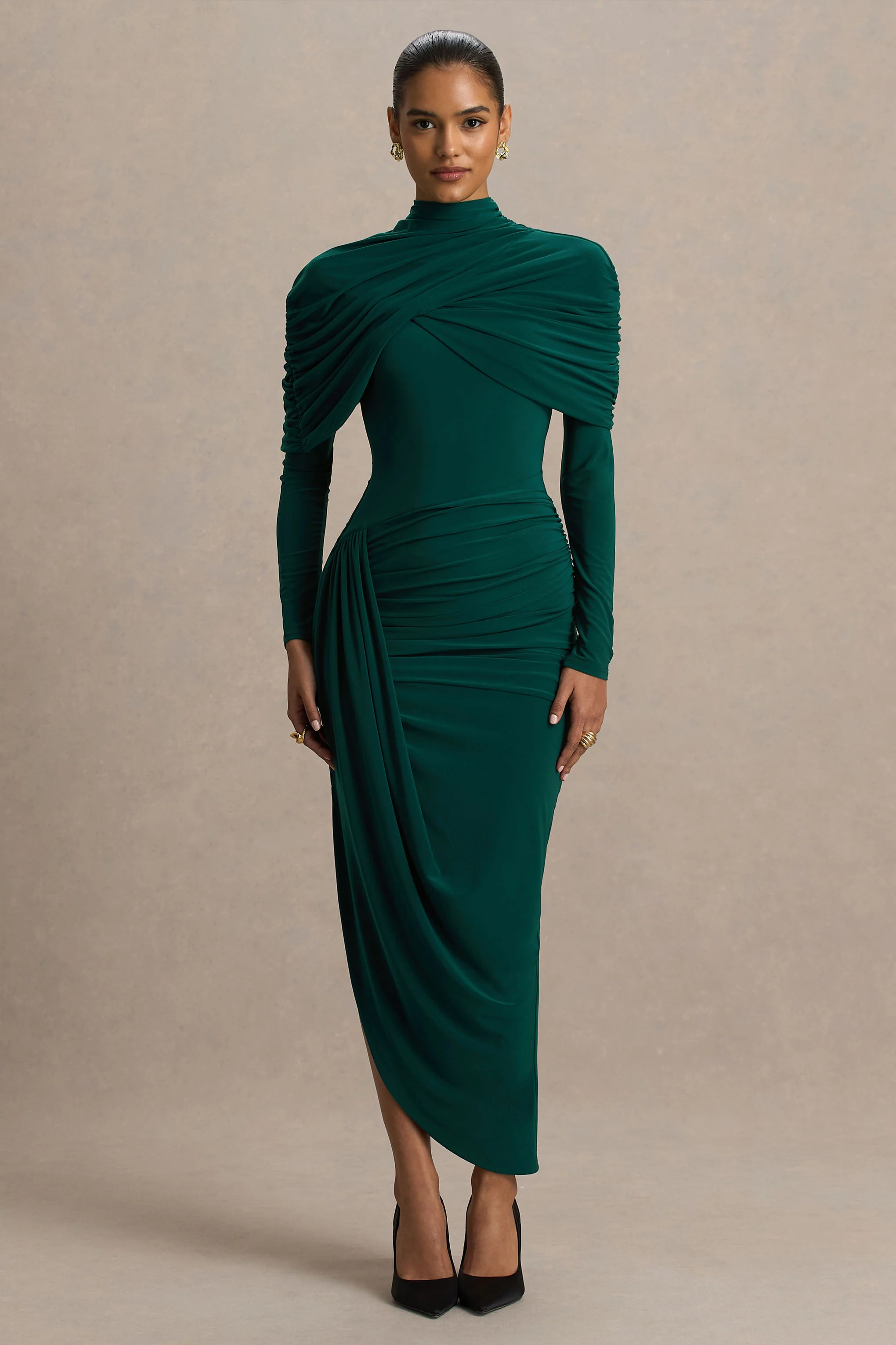 Aneira | Flaschengrünes Maxikleid mit hohem Kragen und Cape-Ärmeln