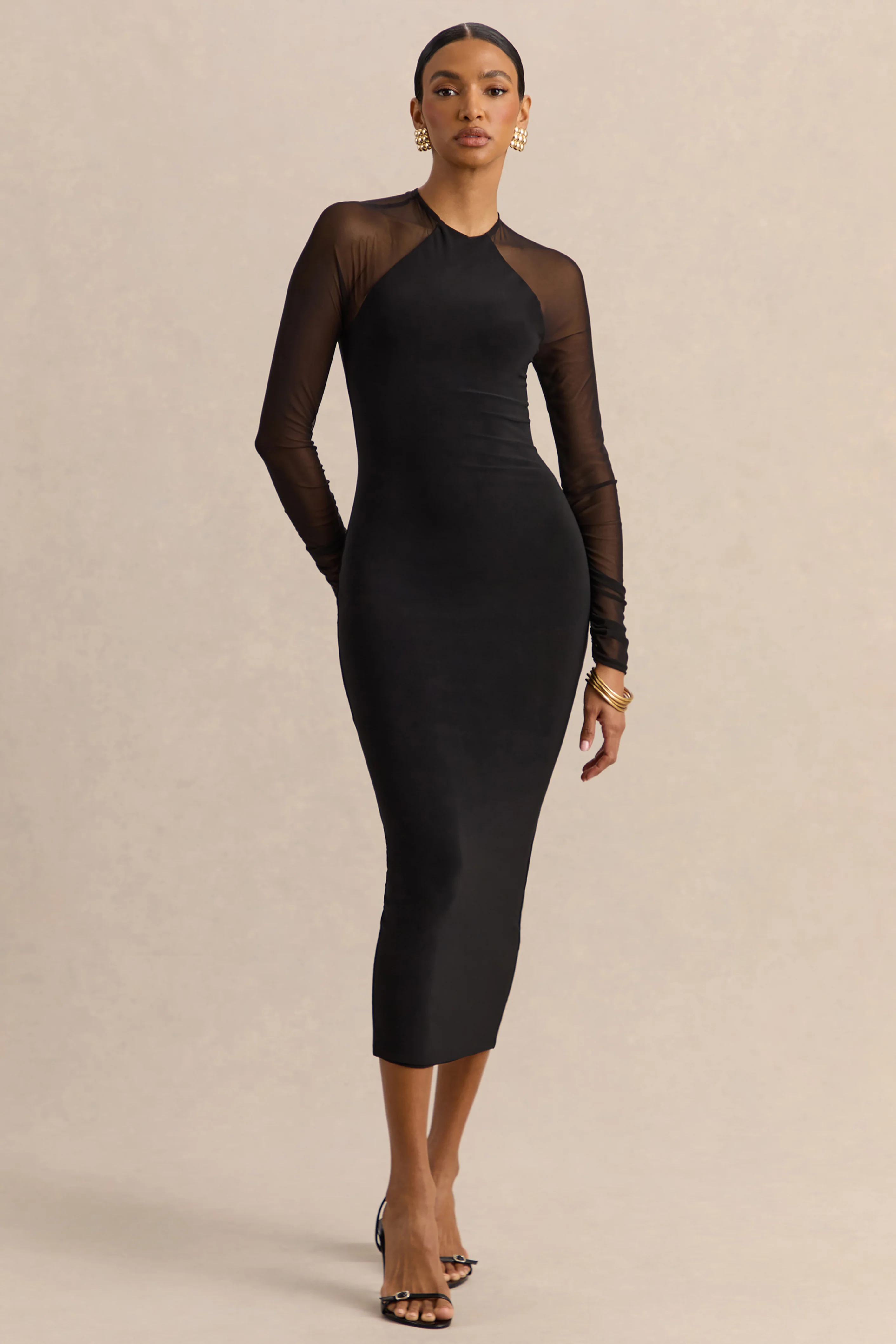 Aurevia | Schwarzes Midikleid mit Rundhalsausschnitt und langen Meshärmeln