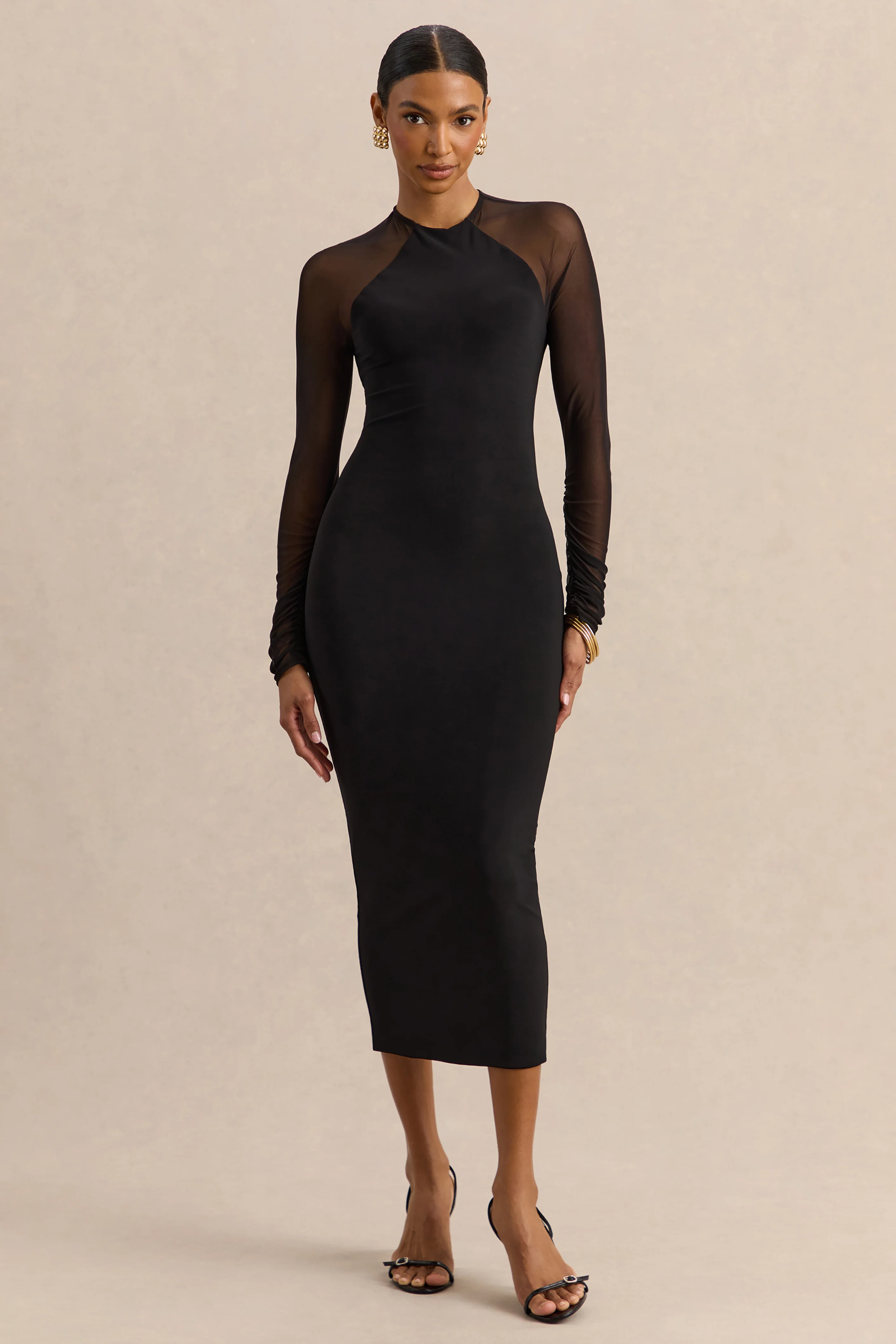 Aurevia | Schwarzes Midikleid mit Rundhalsausschnitt und langen Meshärmeln - Image 4
