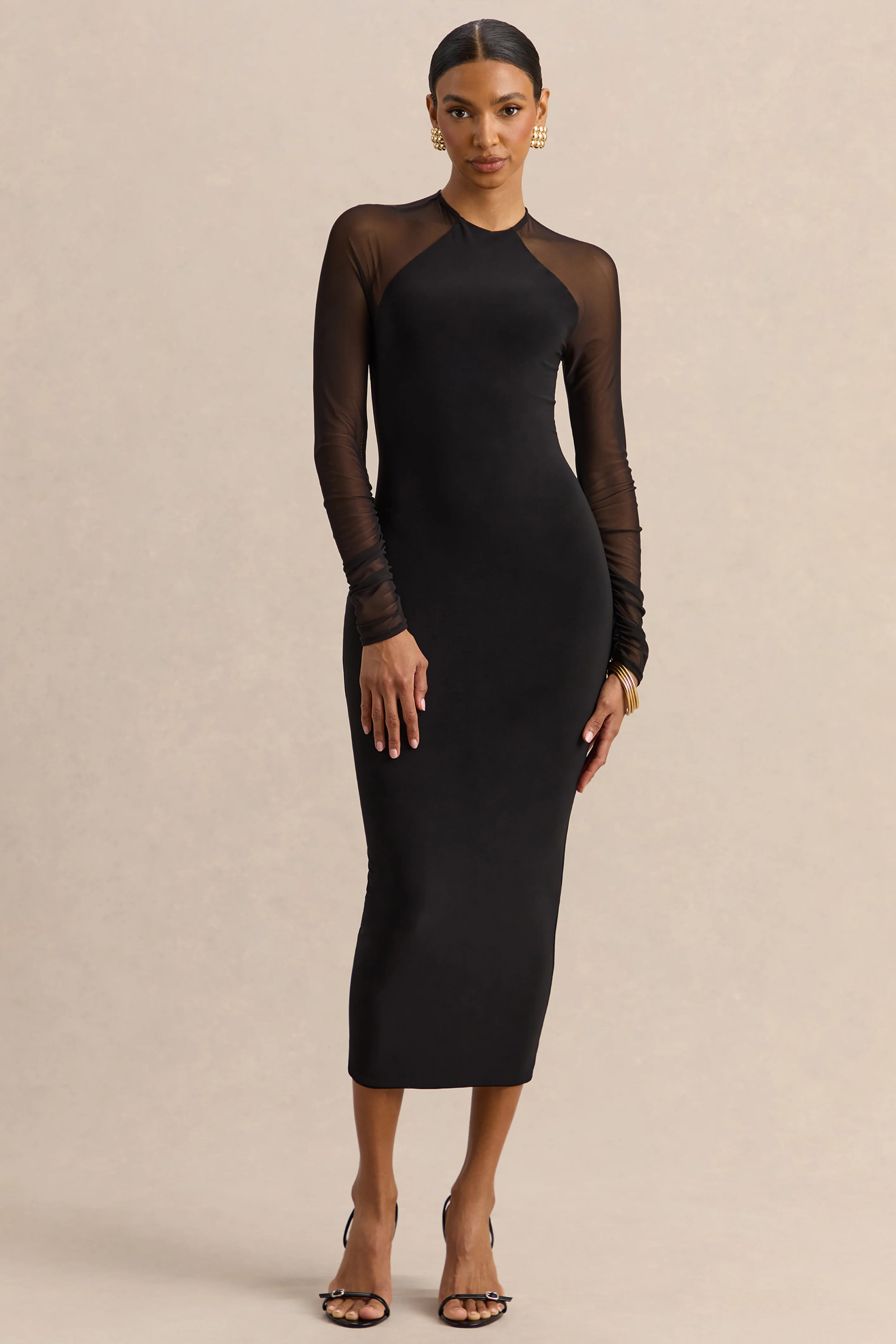 Aurevia | Schwarzes Midikleid mit Rundhalsausschnitt und langen Meshärmeln - Image 5
