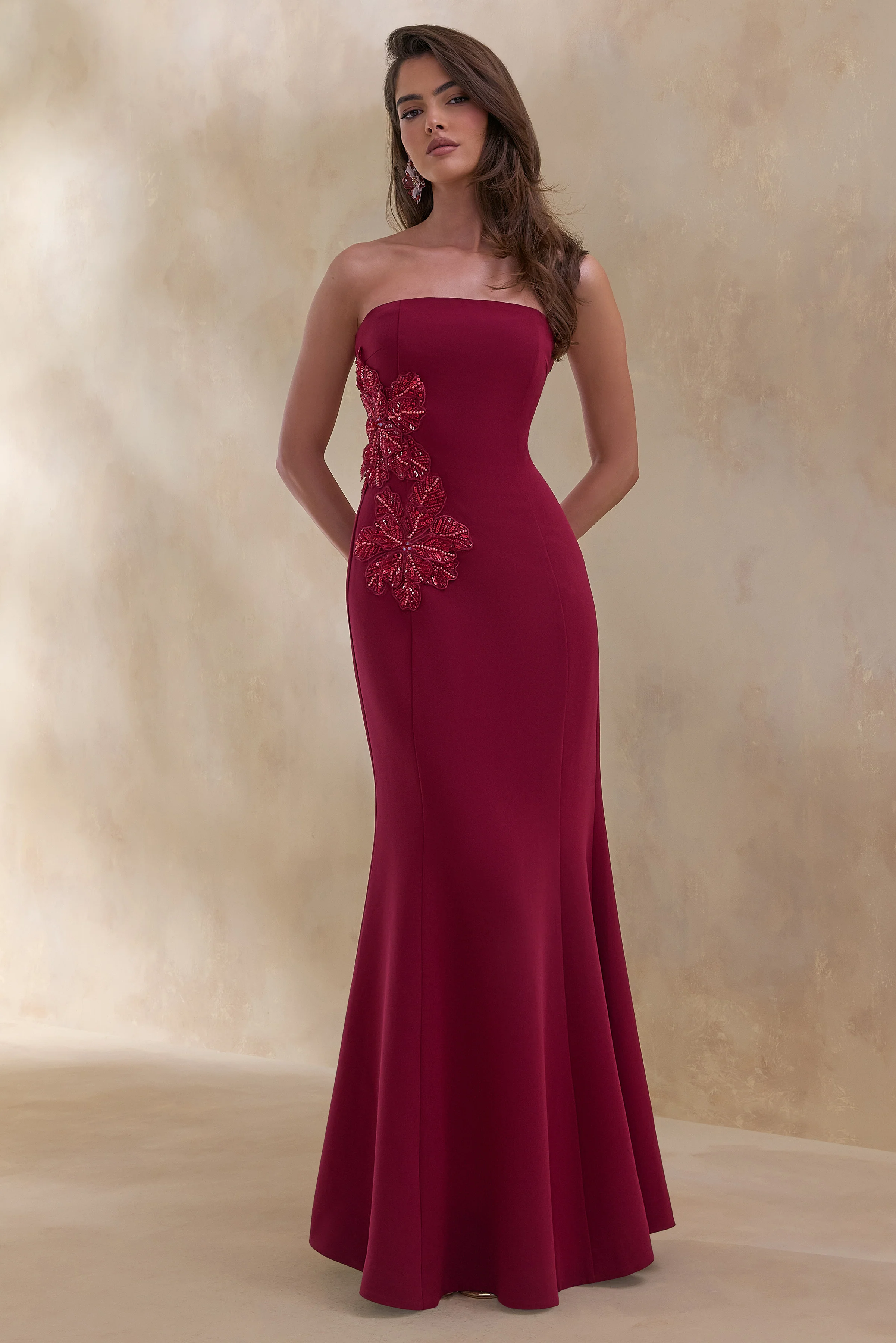 Aylana | Burgunderrotes Bandeau-Maxikleid mit Verzierungsdetail