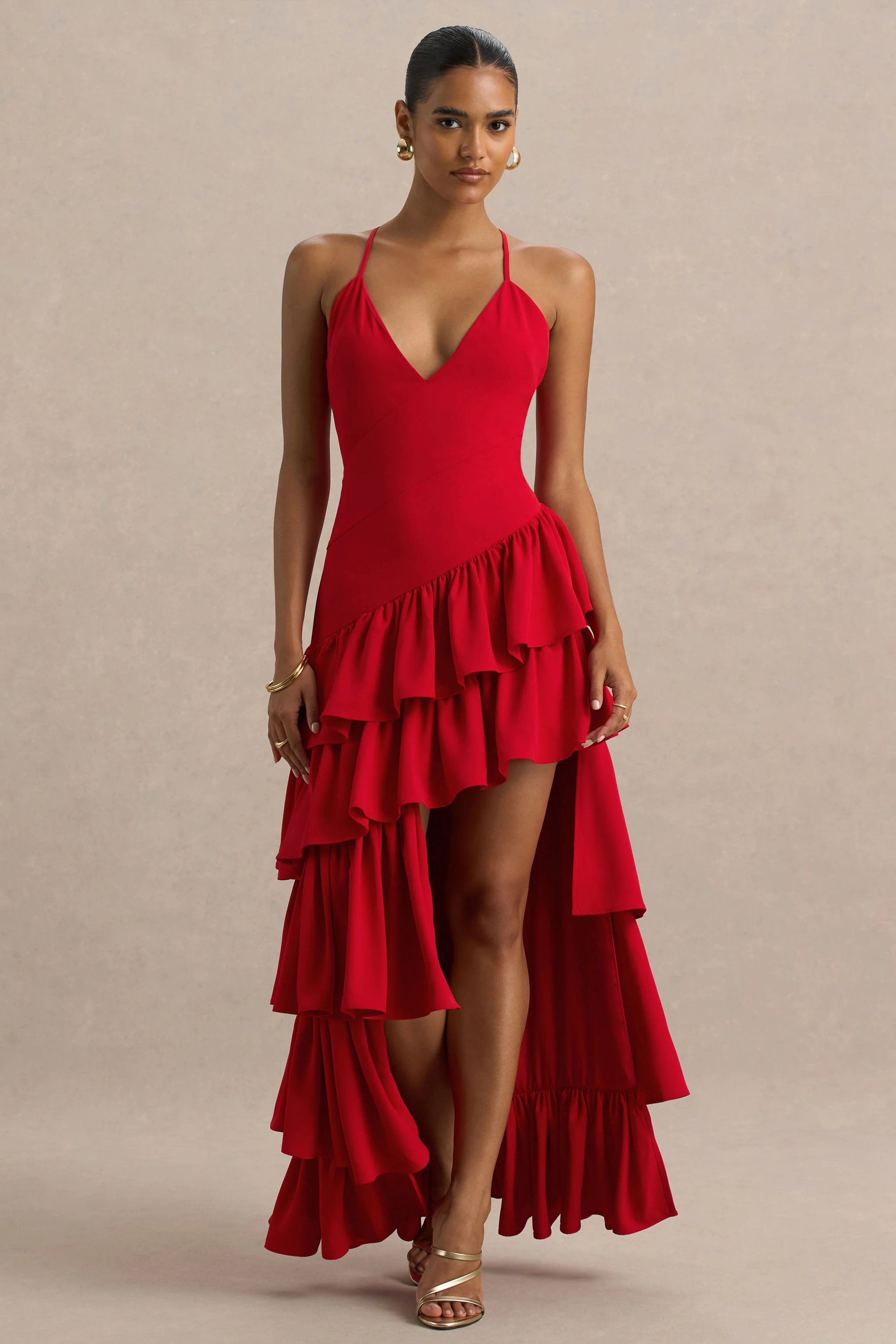Bogota | Rotes Maxikleid mit V-Ausschnitt Rüschen-Details und hohem Frontschlitz - Image 2