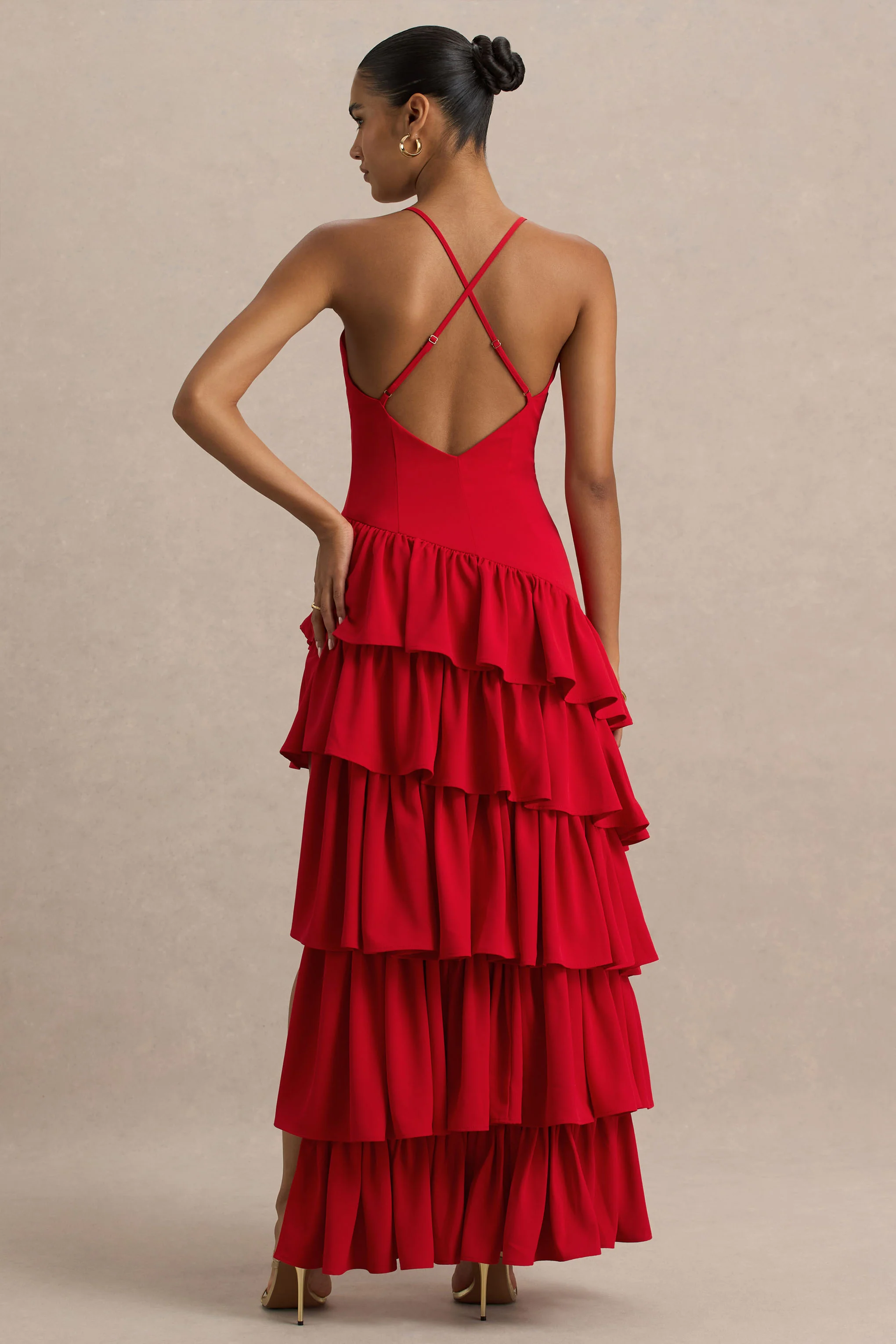 Bogota | Rotes Maxikleid mit V-Ausschnitt Rüschen-Details und hohem Frontschlitz - Image 3