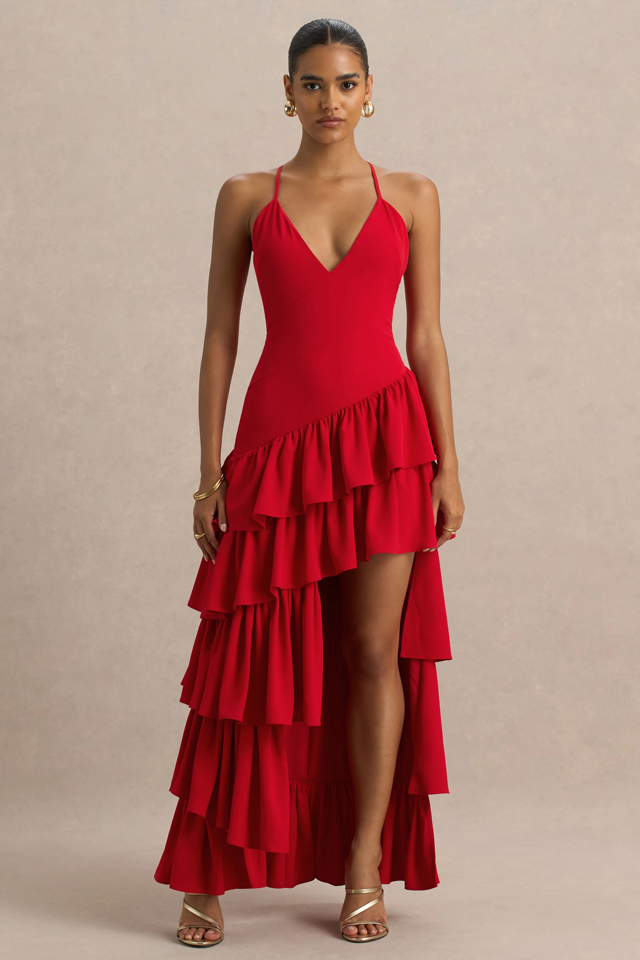 Bogota | Rotes Maxikleid mit V-Ausschnitt Rüschen-Details und hohem Frontschlitz - Image 6