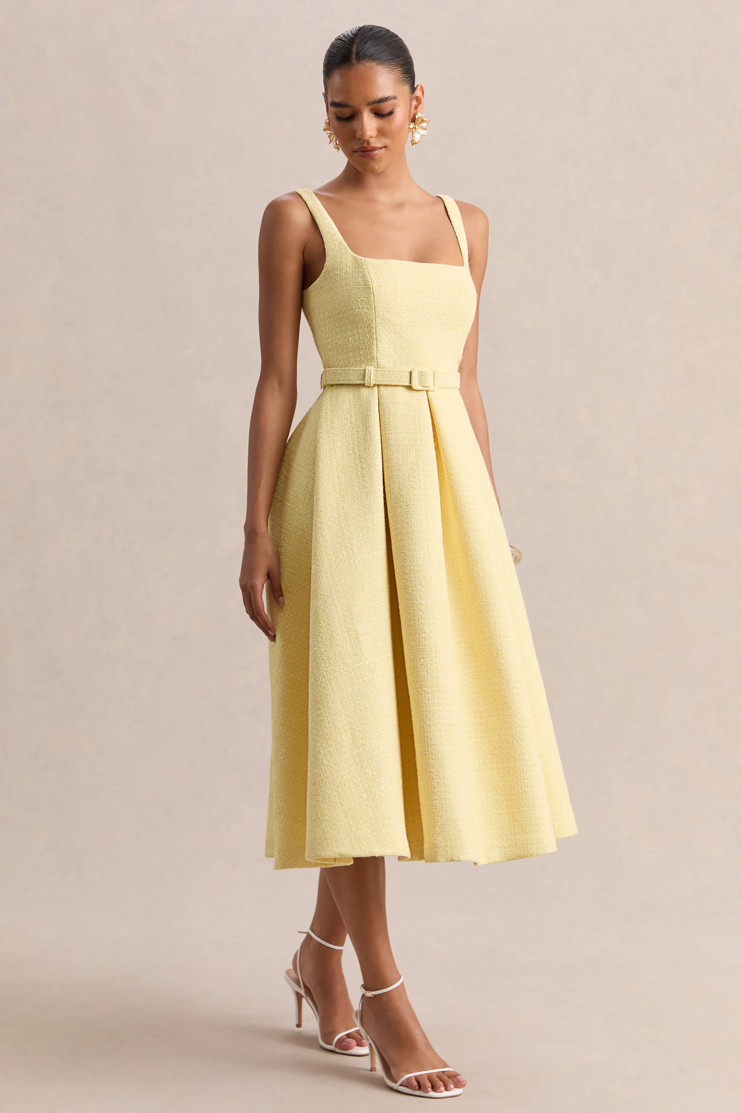Camoria | Zitronengelbes Midikleid aus Bouclé mit eckigem Ausschnitt - Image 5