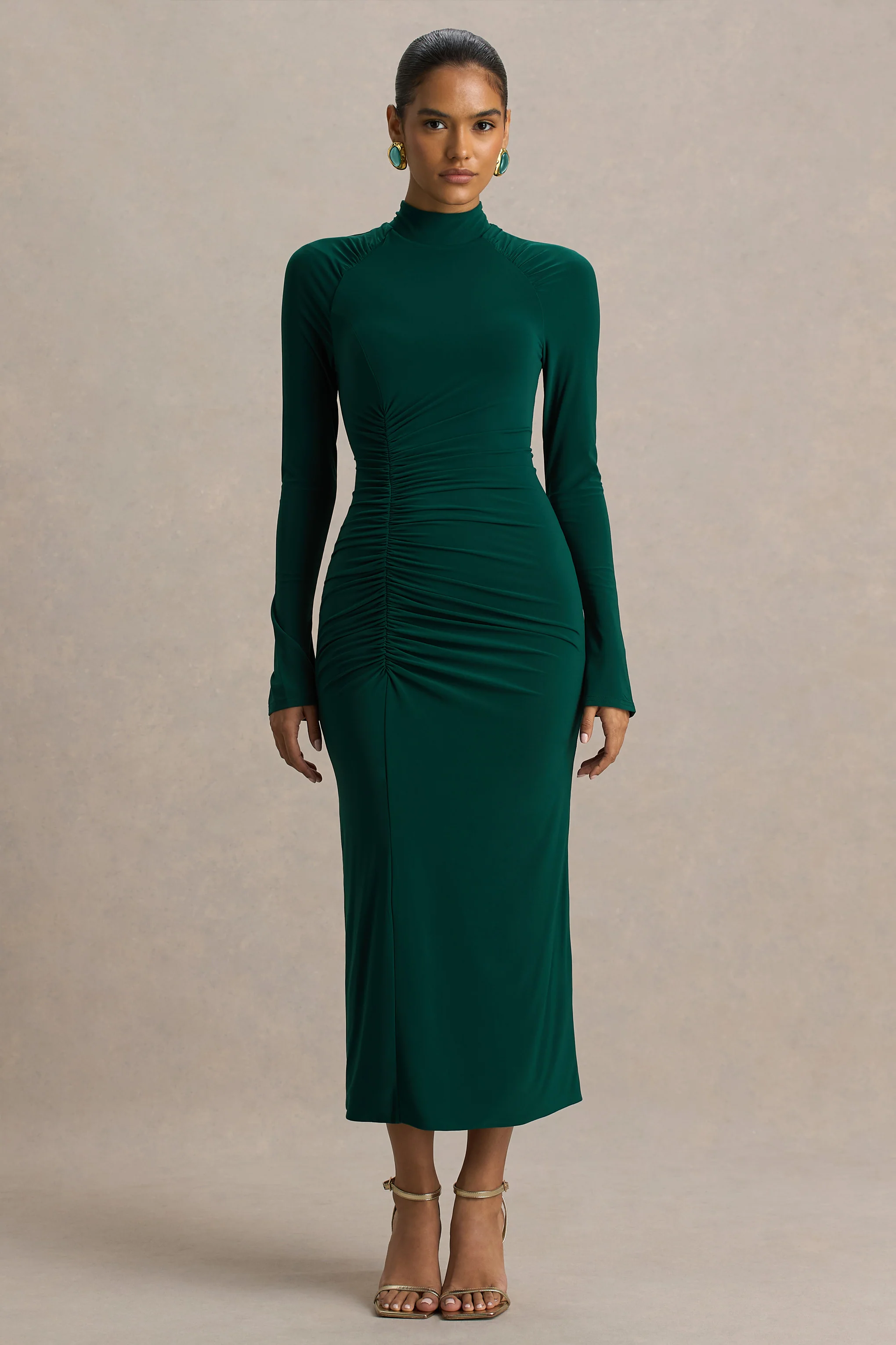 Cassandra | Flaschengrünes Midikleid mit hohem Ausschnitt und langen Ärmeln - Image 4