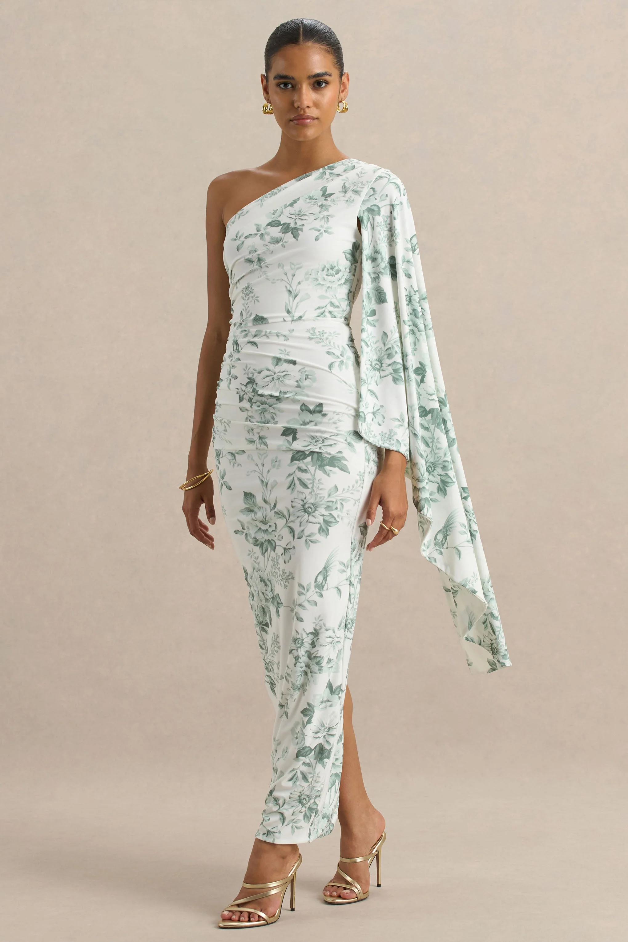 Clementina | Grünes Maxikleid mit Blumenmuster und asymmetrischen Cape-Ärmel