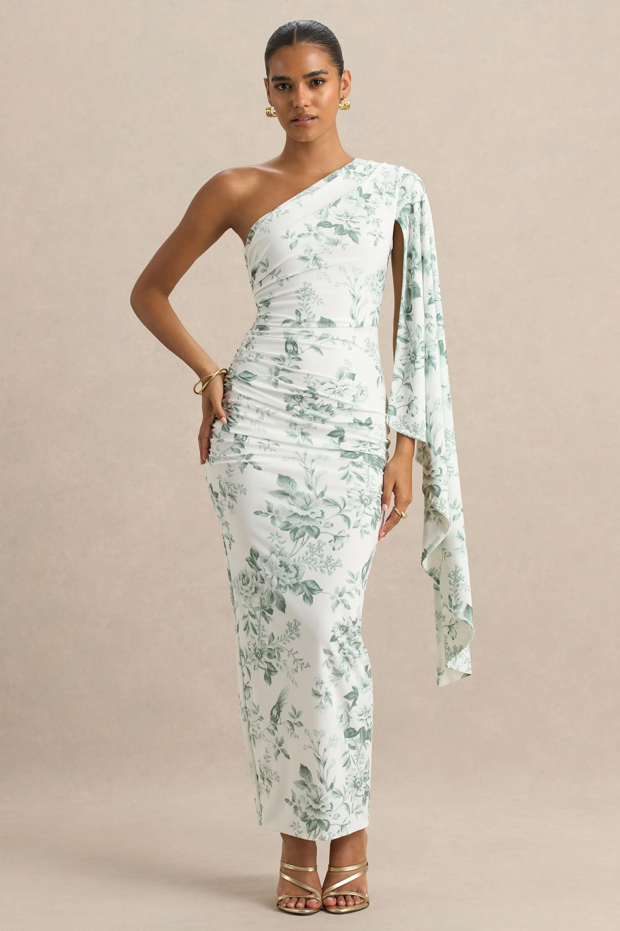 Clementina | Grünes Maxikleid mit Blumenmuster und asymmetrischen Cape-Ärmel - Image 4