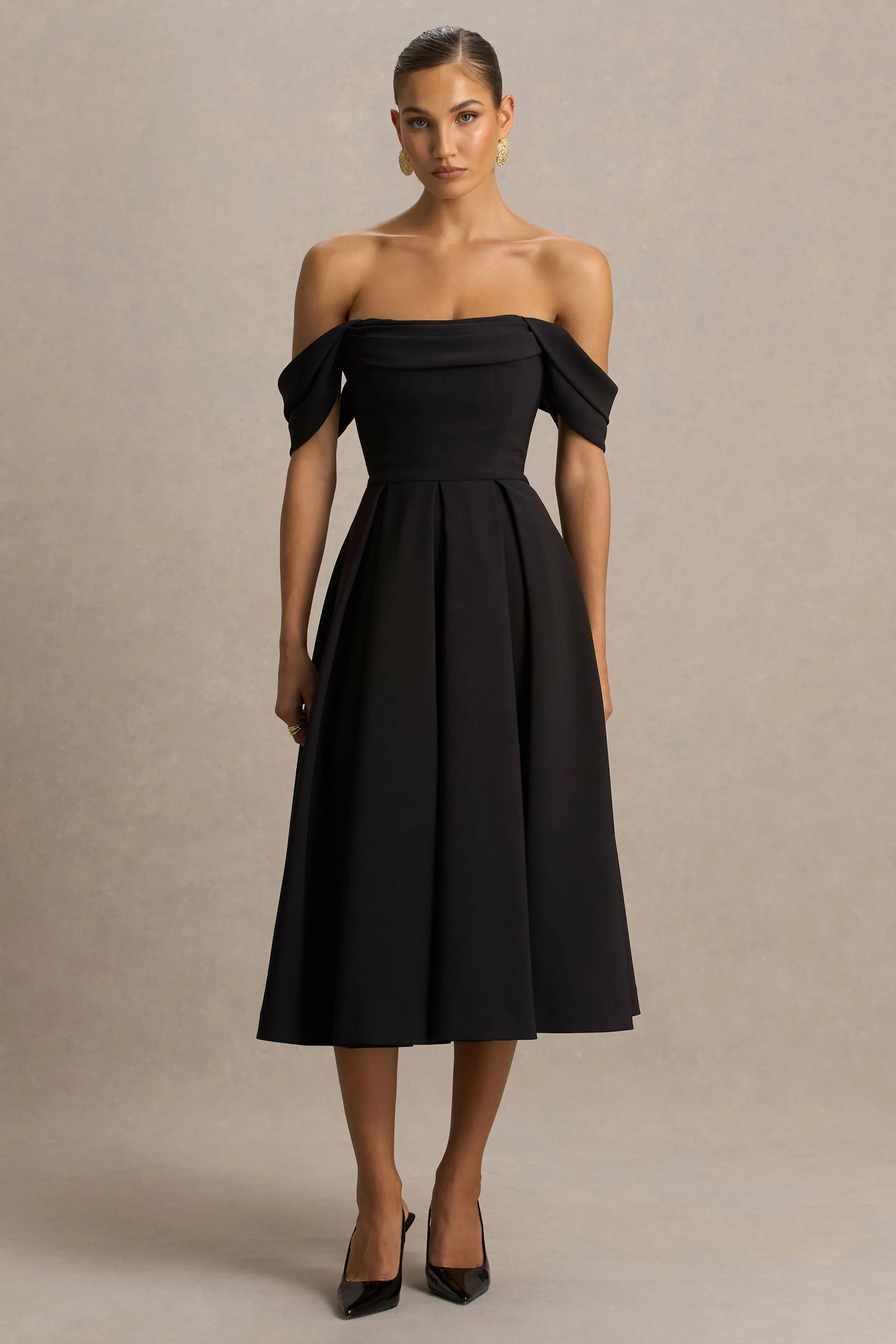 Cosima | Schwarzes Bardot-Midikleid mit Drapierten Ärmeln