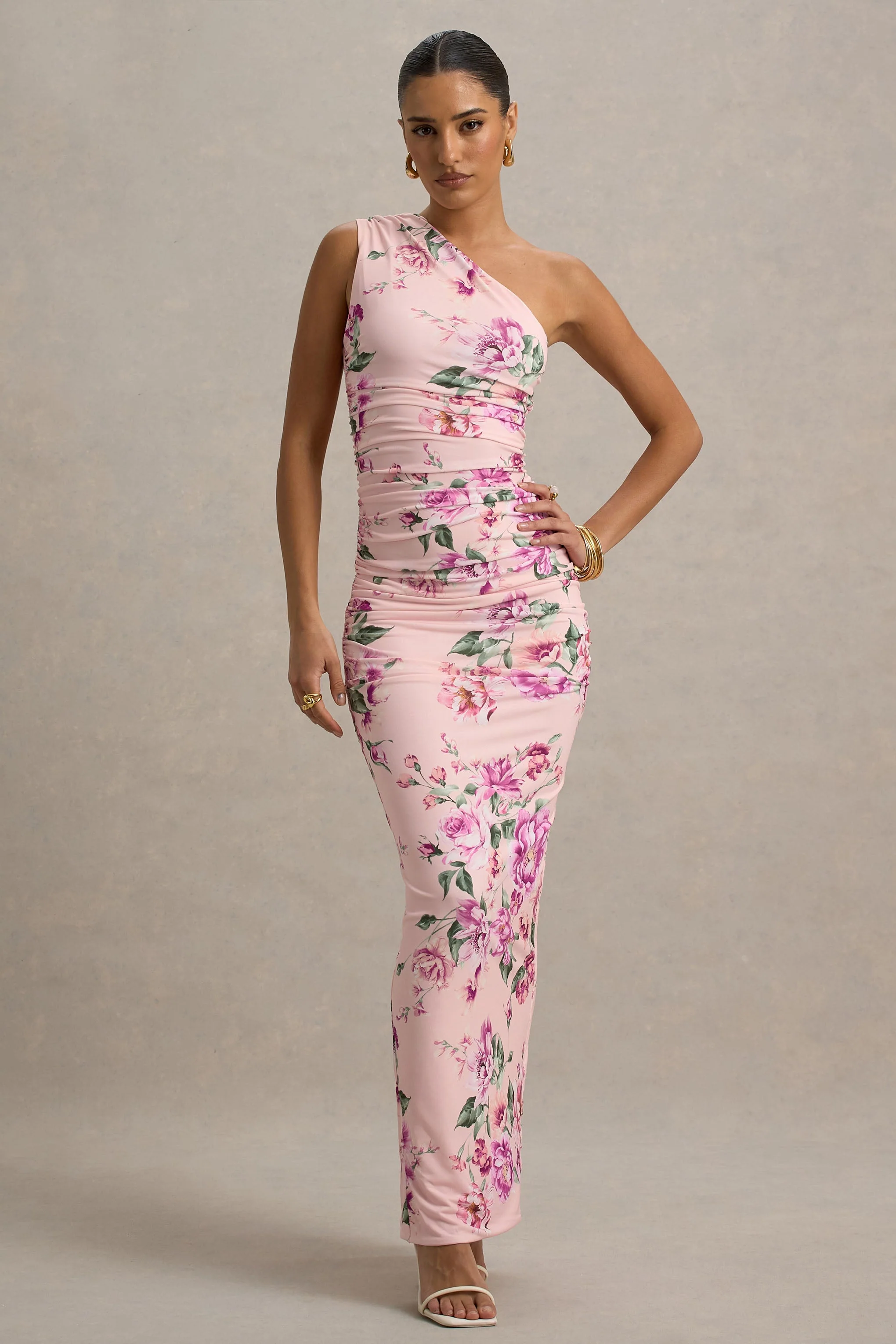 Dalarie | Rosafarbenes Maxikleid mit Blumenmuster und drapiertem One-Shoulder-Design - Image 3