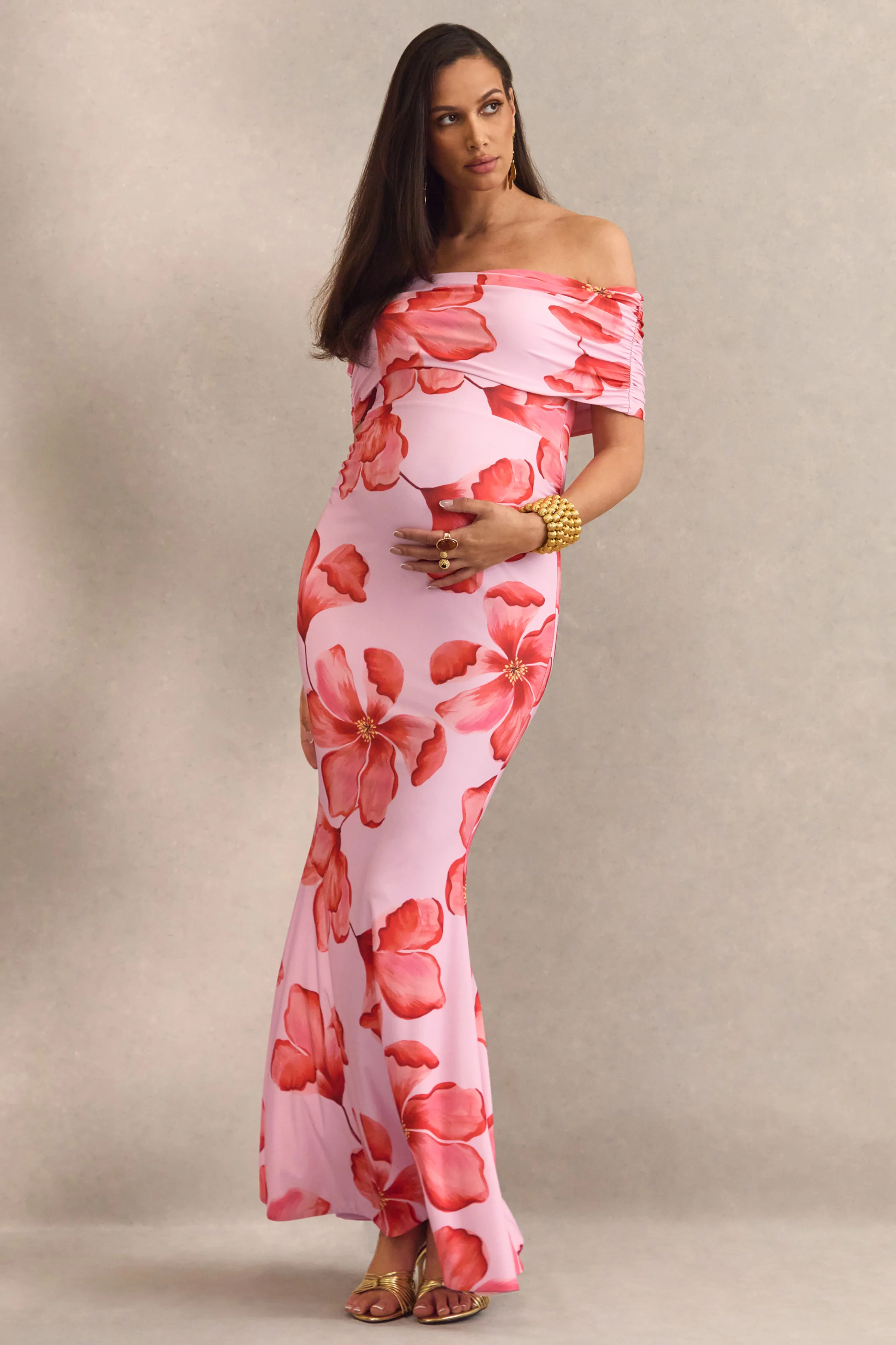 Dalisay | Rosa Umstands-Maxikleid mit Bardot-Ausschnitt und Blumenprint