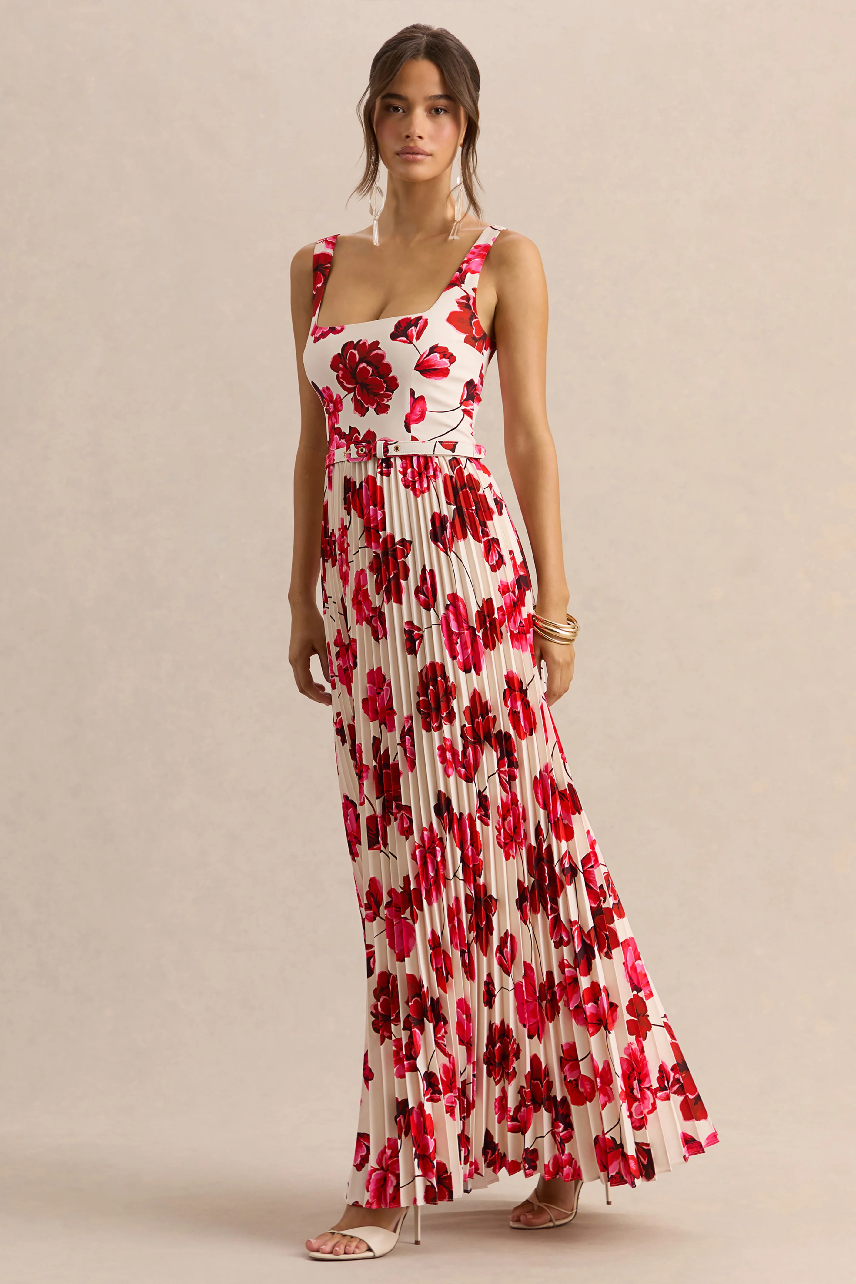 Danika | Pinkes Maxikleid mit floralem Print, plissiertem Rock und eckigem Ausschnitt - Image 5