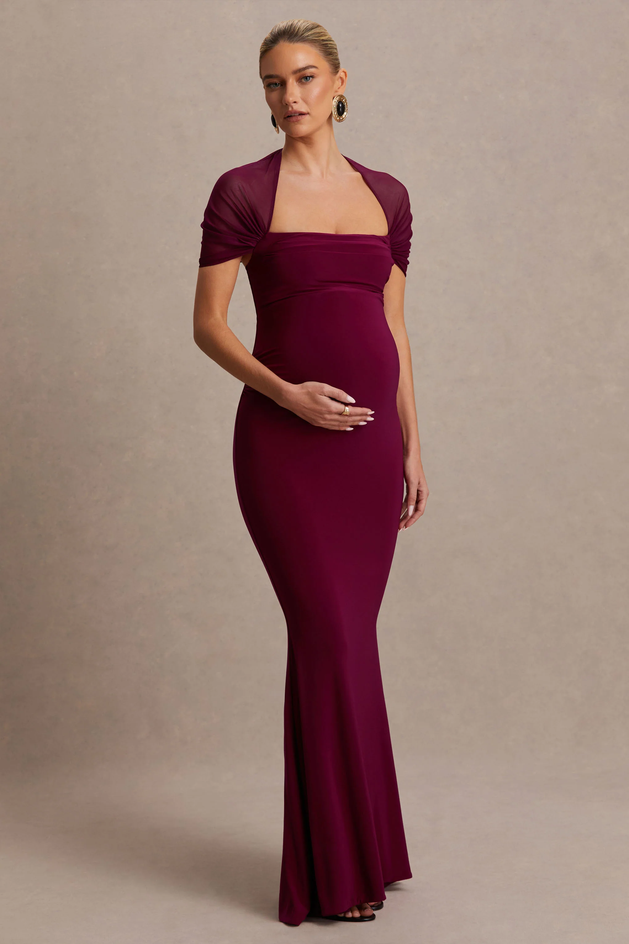 Dome | Burgunderrotes Umstands-Maxikleid mit eckigem Ausschnitt und Mesh-Ärmeln