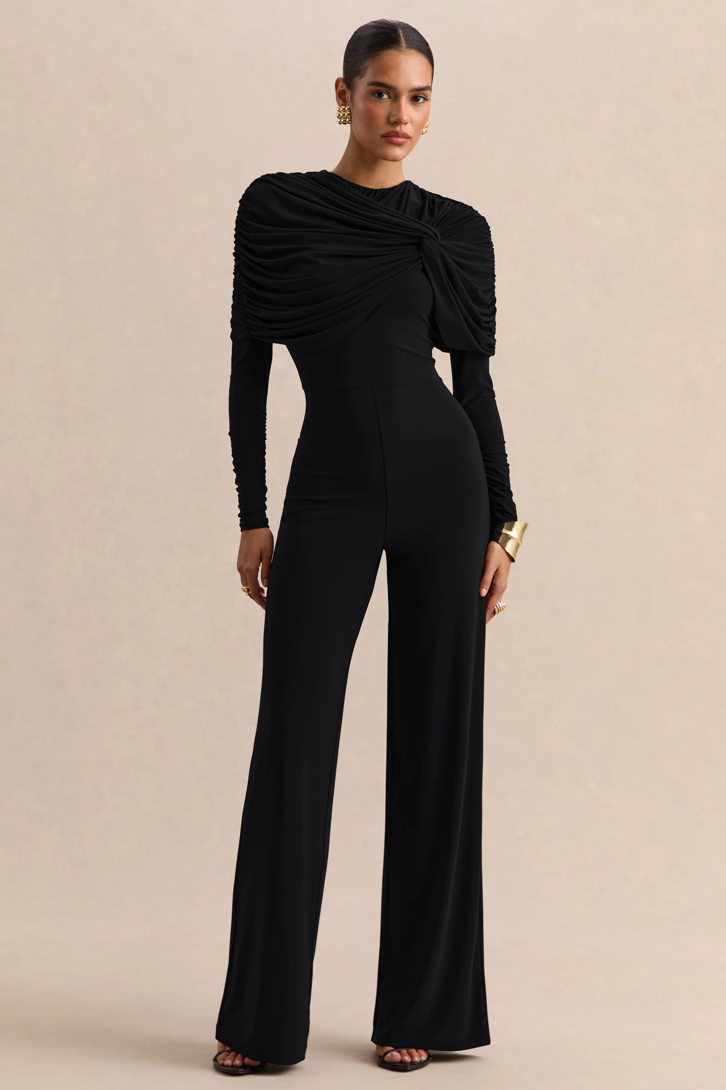 Eloura | Schwarzer Jumpsuit mit hohem Ausschnitt und gedrehtem Raffdetail