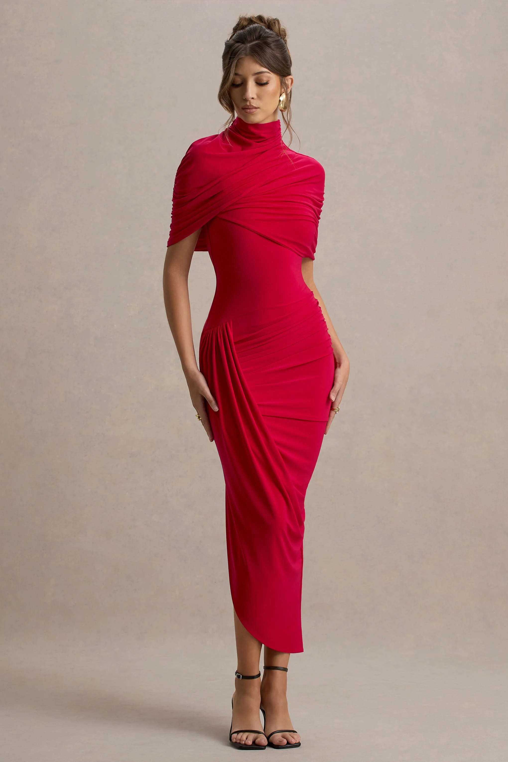 Enchant | Rotes Midikleid mit asymmetrischem Twist und Cape - Image 5
