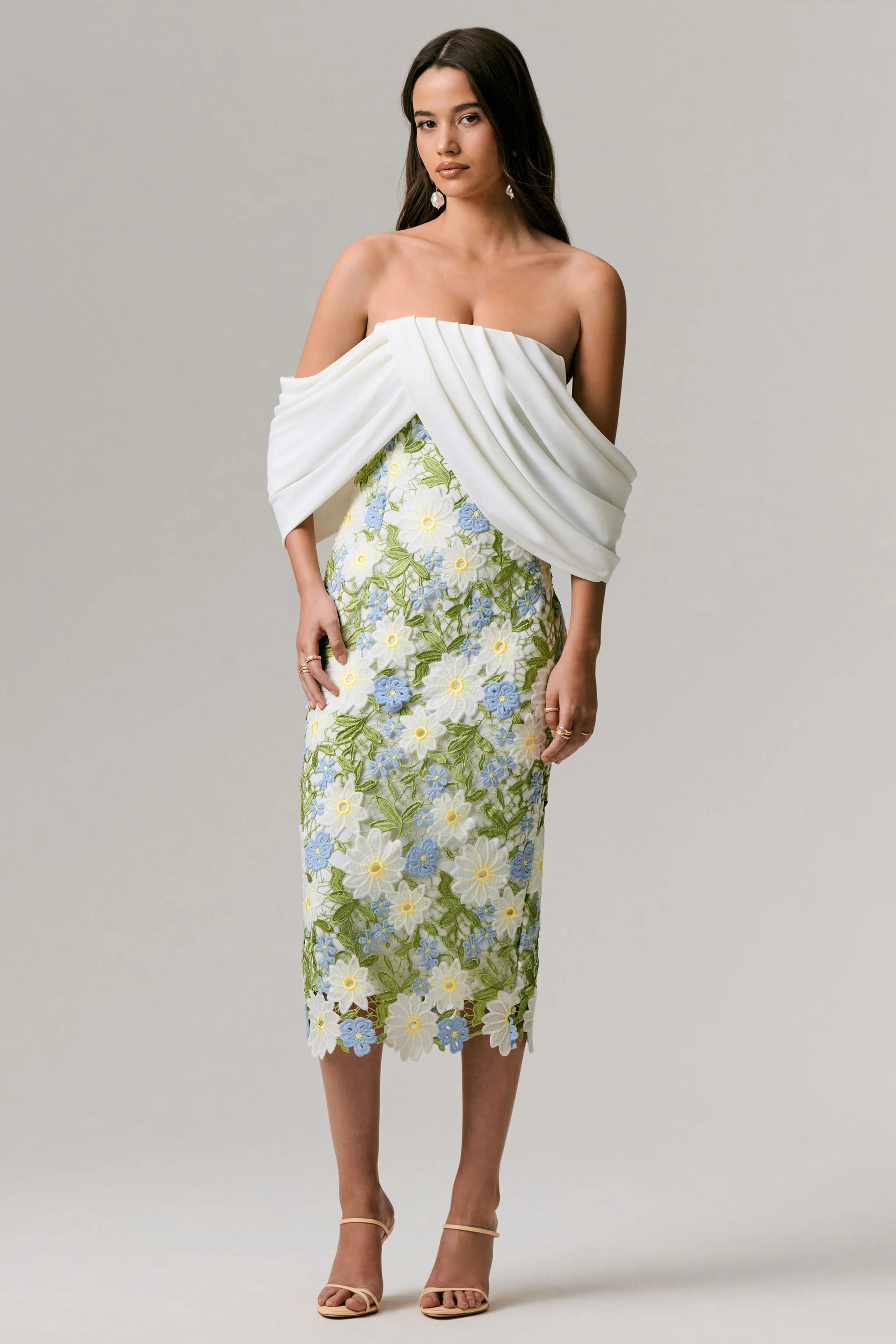 Entitled | Cremefarbenes Bardot-Midikleid mit Blumenmuster und Spitzenbesatz - Image 3