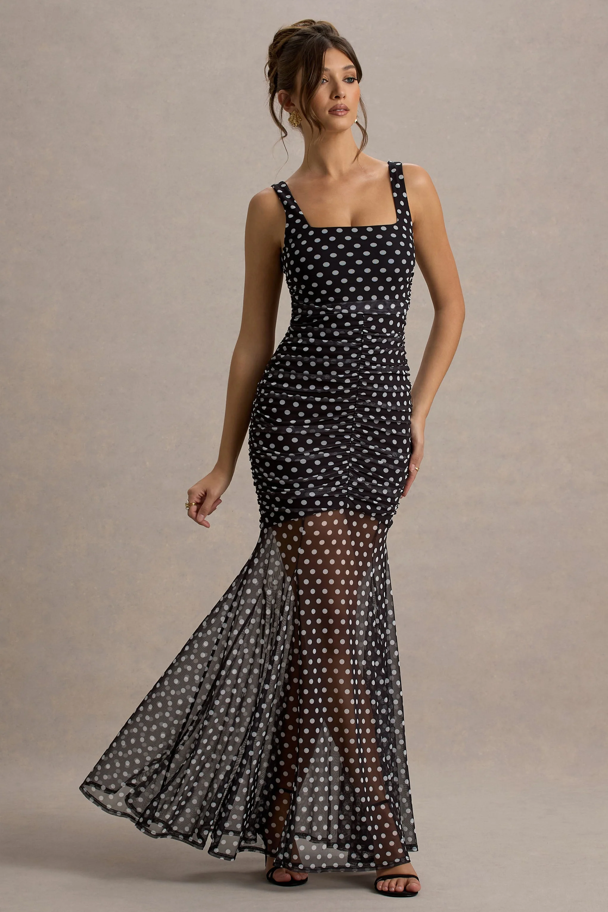Galaxia | Schwarz-weißes Maxikleid mit Polka Dots und Mesh Overlay