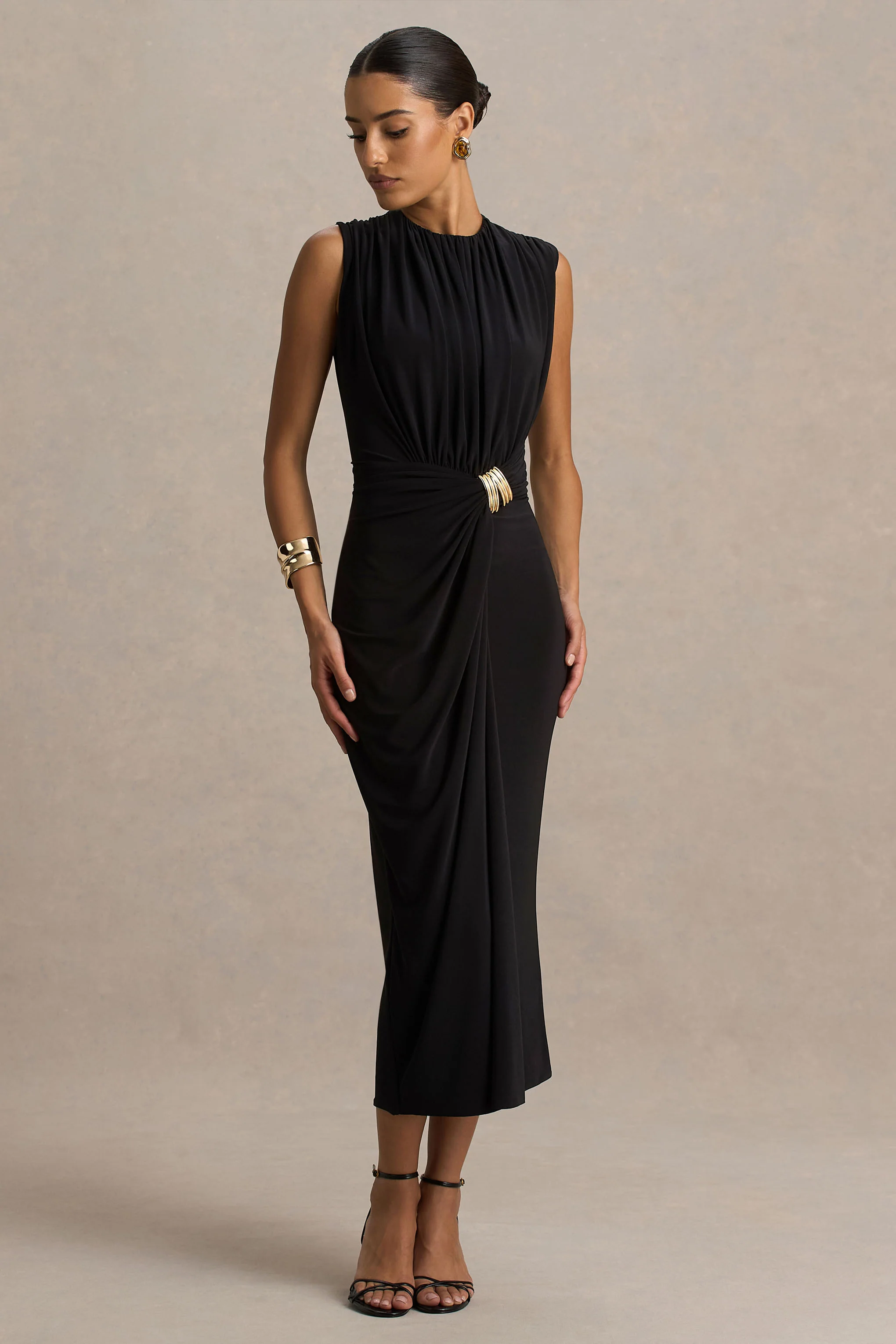 Harlow | Schwarzes Midikleid mit Rundhalsausschnitt und Wickeldetail - Image 5