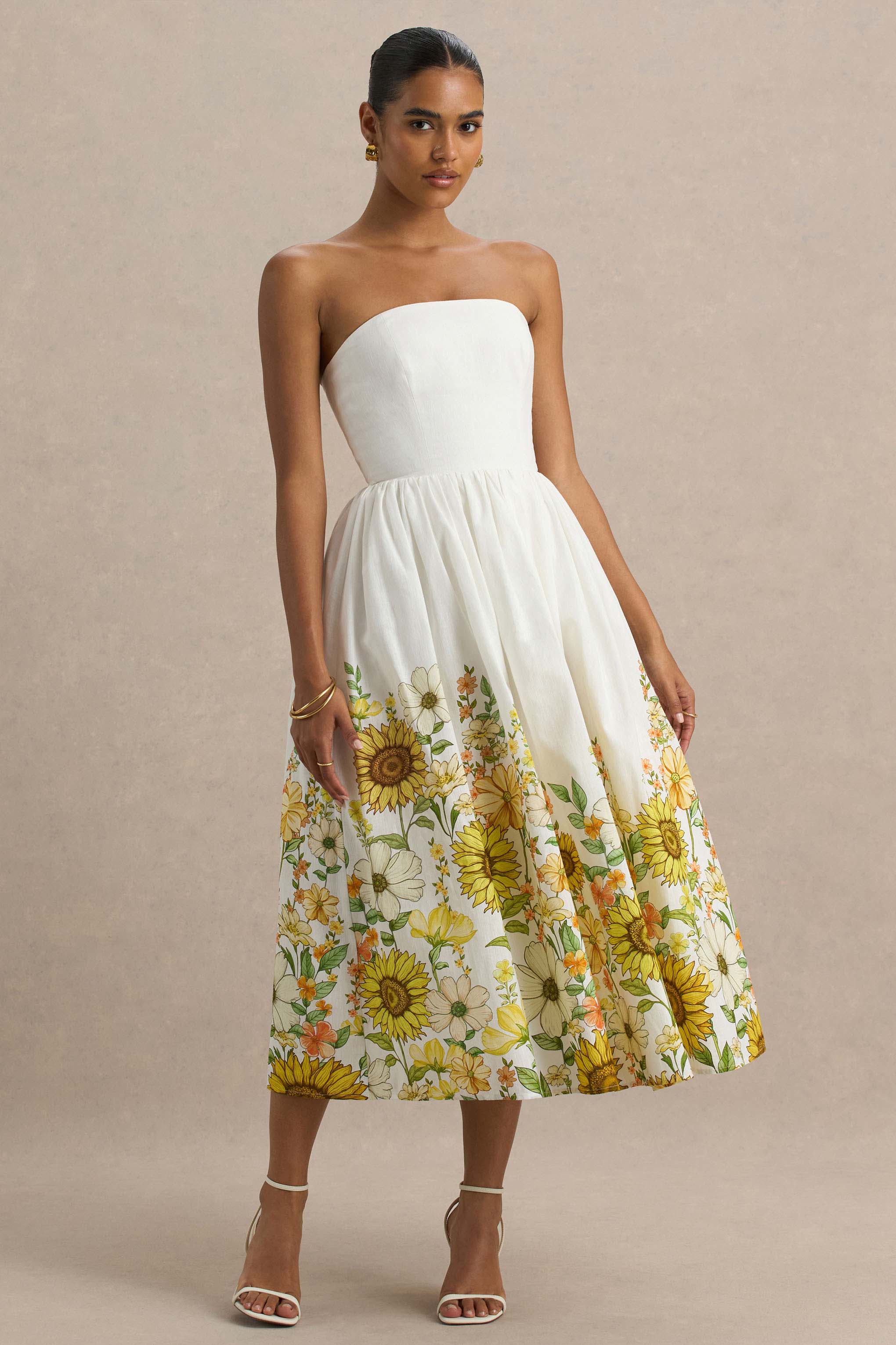 Ivory | Sonnenblumen-bedrucktes Bandeau High-Low Midikleid