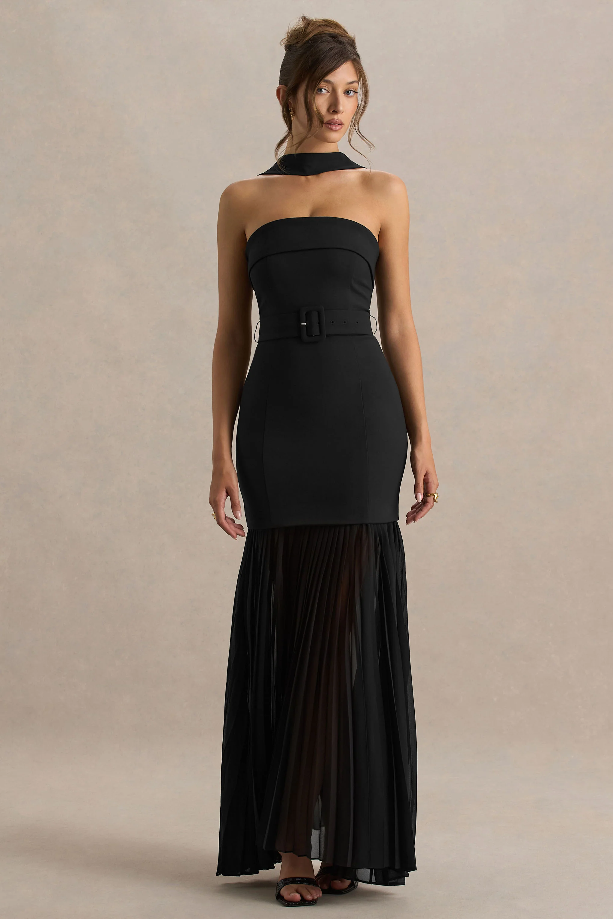 Jaquetta | Schwarzes Maxi-Kleid mit Gürtel und plissiertem Chiffonrock - Image 4