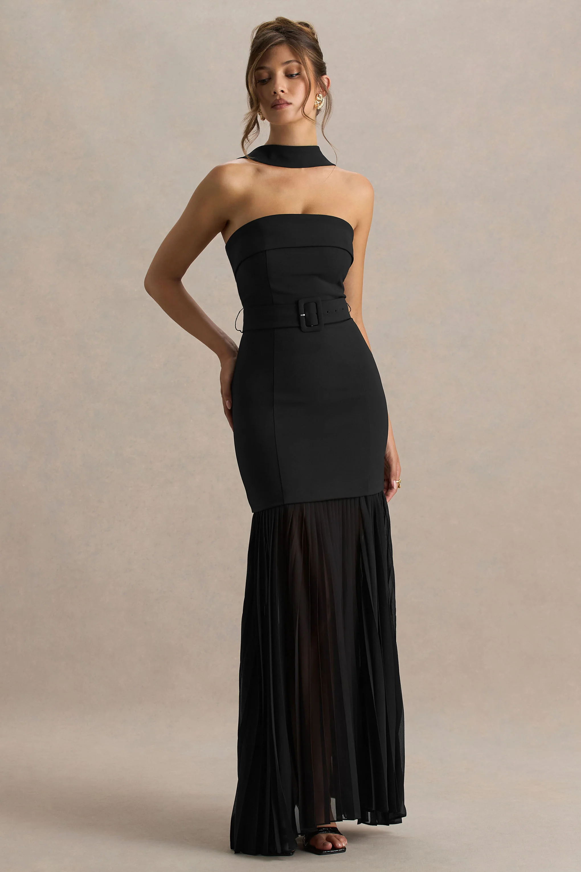 Jaquetta | Schwarzes Maxi-Kleid mit Gürtel und plissiertem Chiffonrock - Image 5