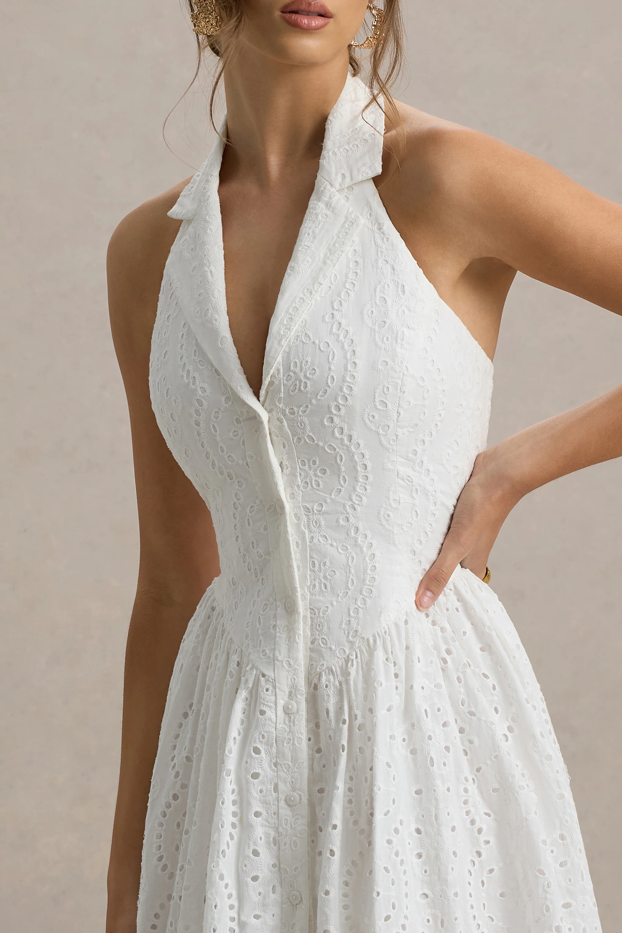 Jezebel | Weiβes Midikleid aus Spitze mit tiefem V-Ausschnitt und Kragen - Image 3