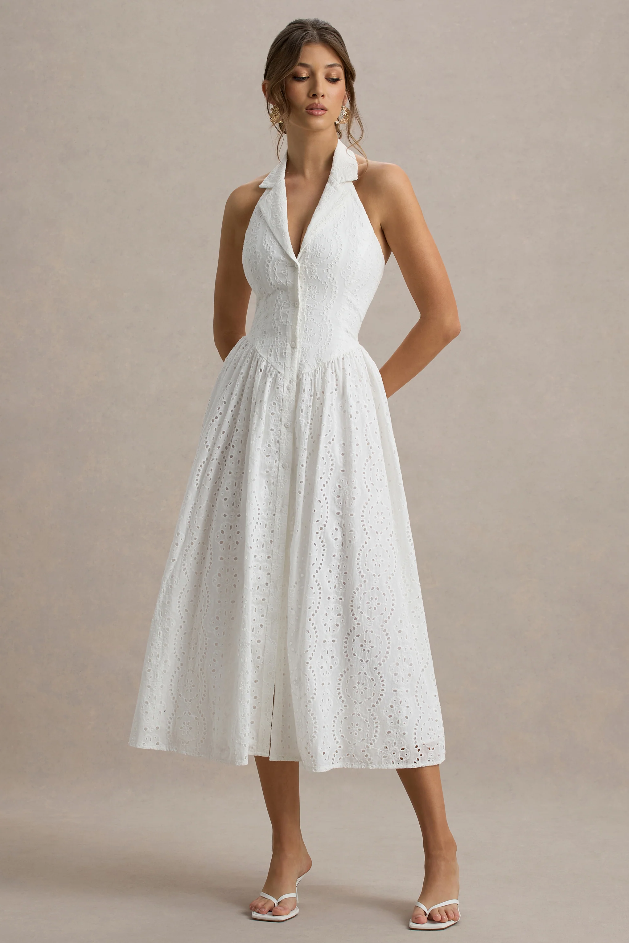 Jezebel | Weiβes Midikleid aus Spitze mit tiefem V-Ausschnitt und Kragen - Image 5