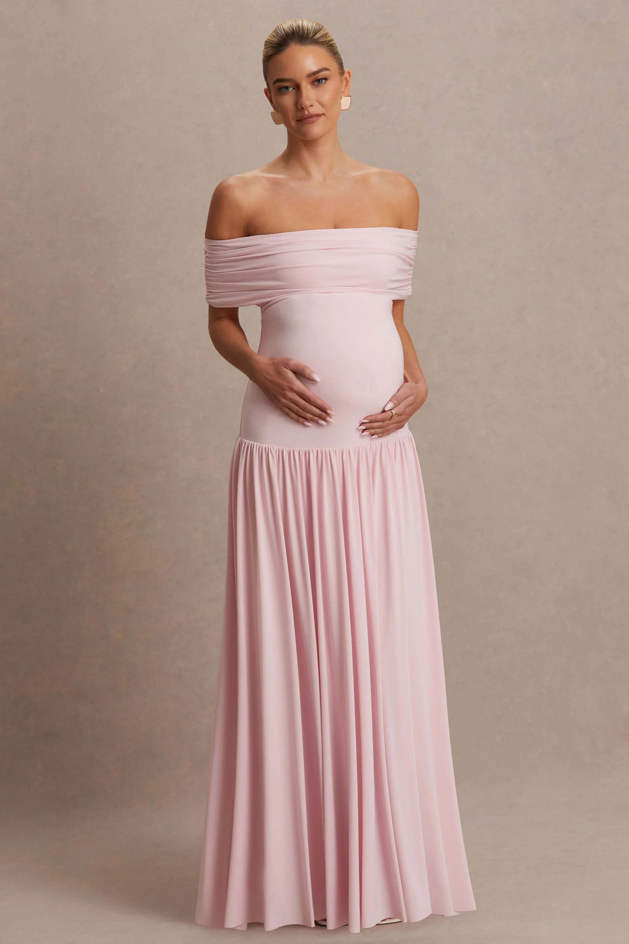 Juliette | Blassrosa Umstands-Maxikleid mit Bardot-Ausschnitt und Tiefer Taille