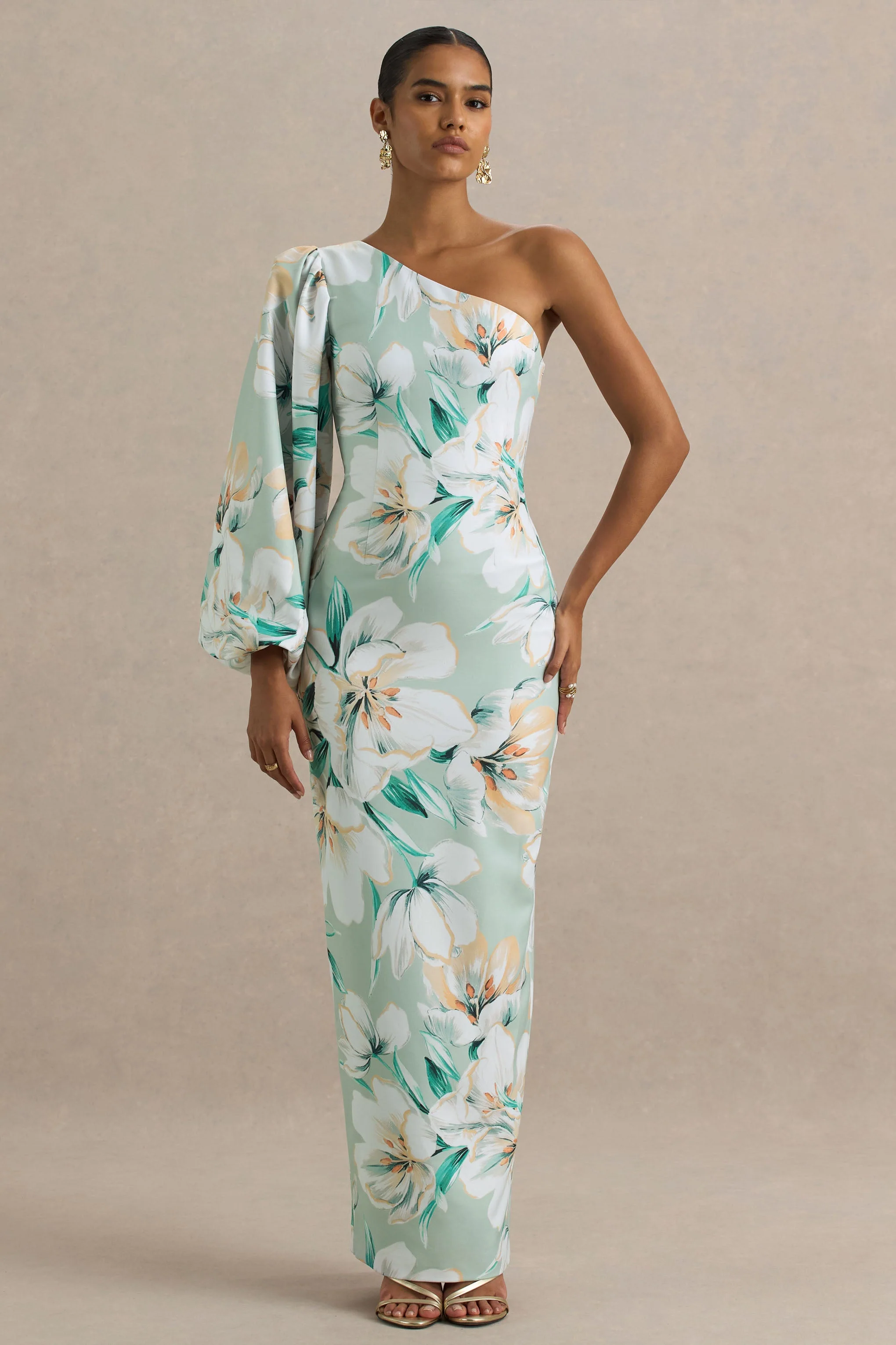 Kellis | Grünes Maxikleid mit Blumenmuster, asymmetrischem Schnitt und Ballonärmeln. - Image 6