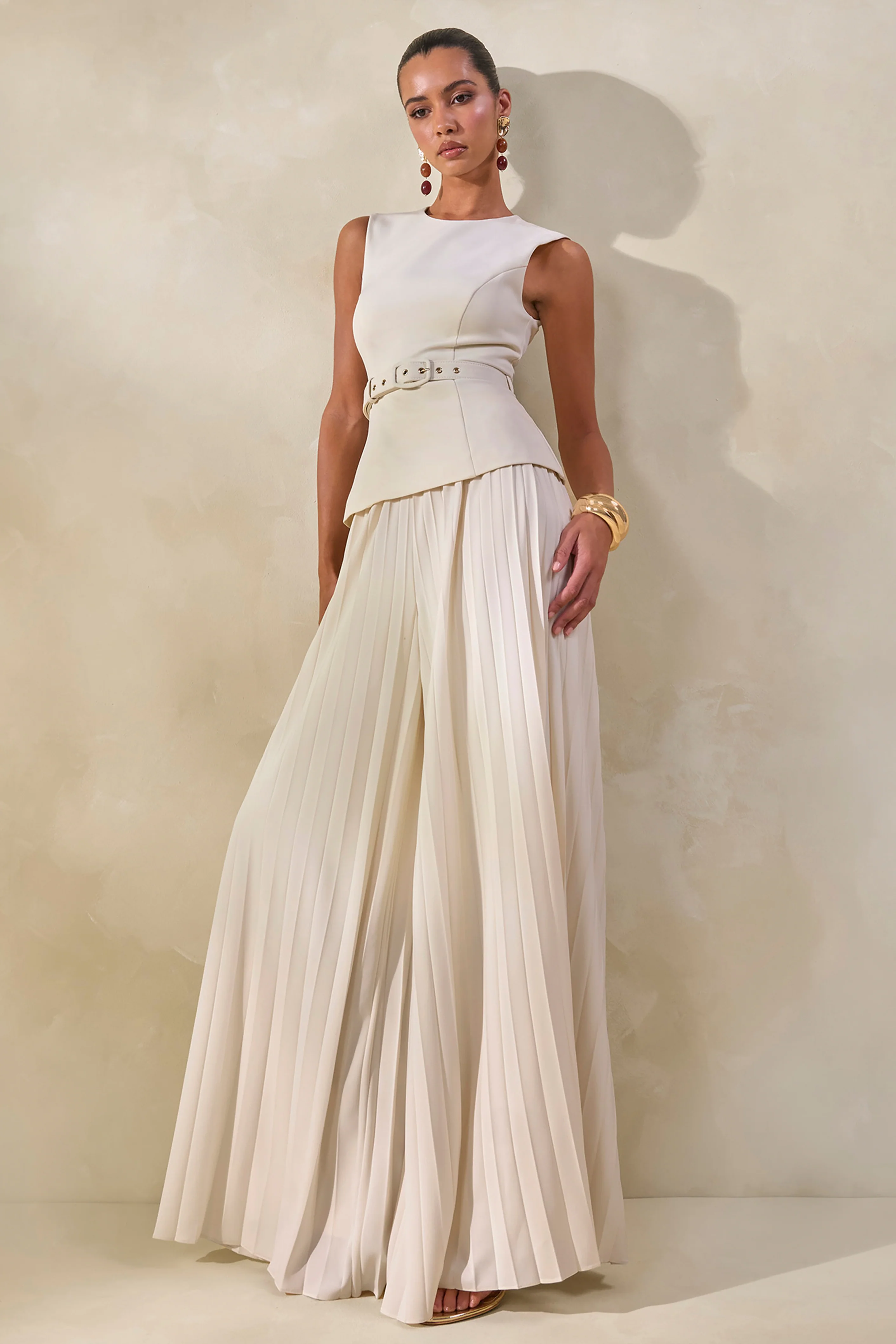Lerenza | Cremefarbene Satinhose mit weitem Bein und Falten - Image 7
