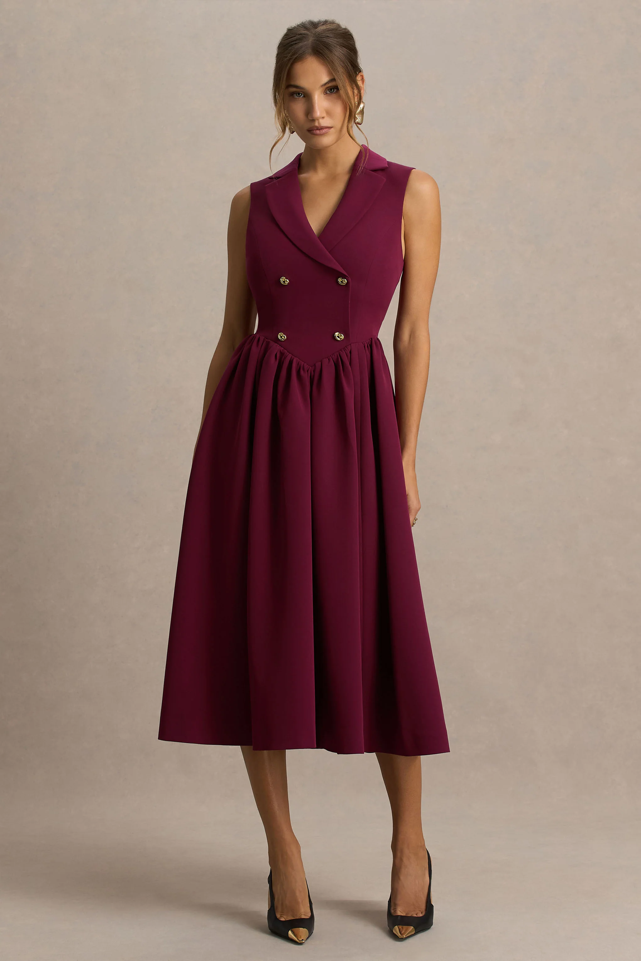 Lisa | Burgunderrotes Midikleid mit tiefem V-Ausschnitt und Kragendetail - Image 4