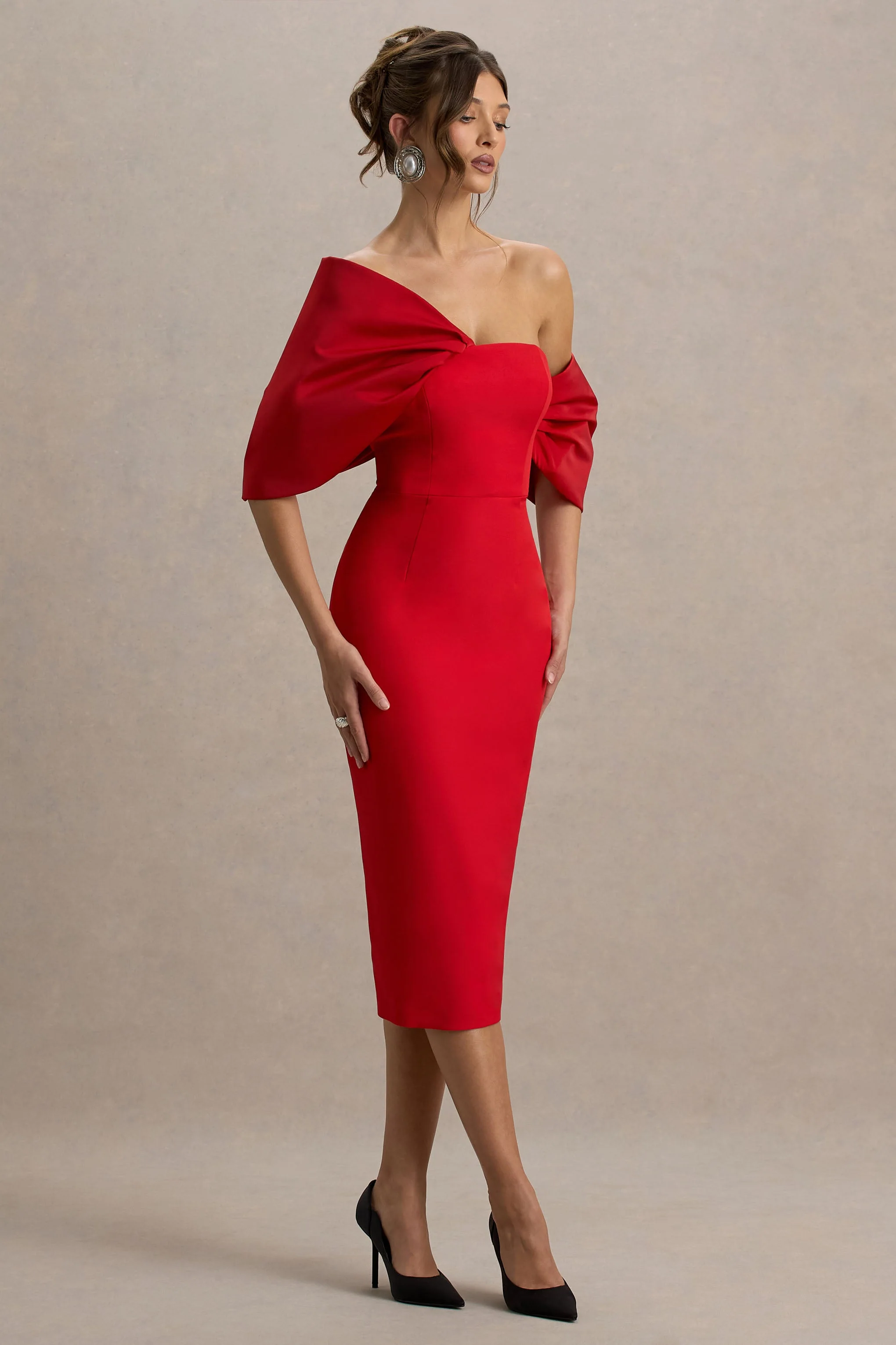 Lucille | Rotes asymmetrisches Bardot-Midikleid - Image 5