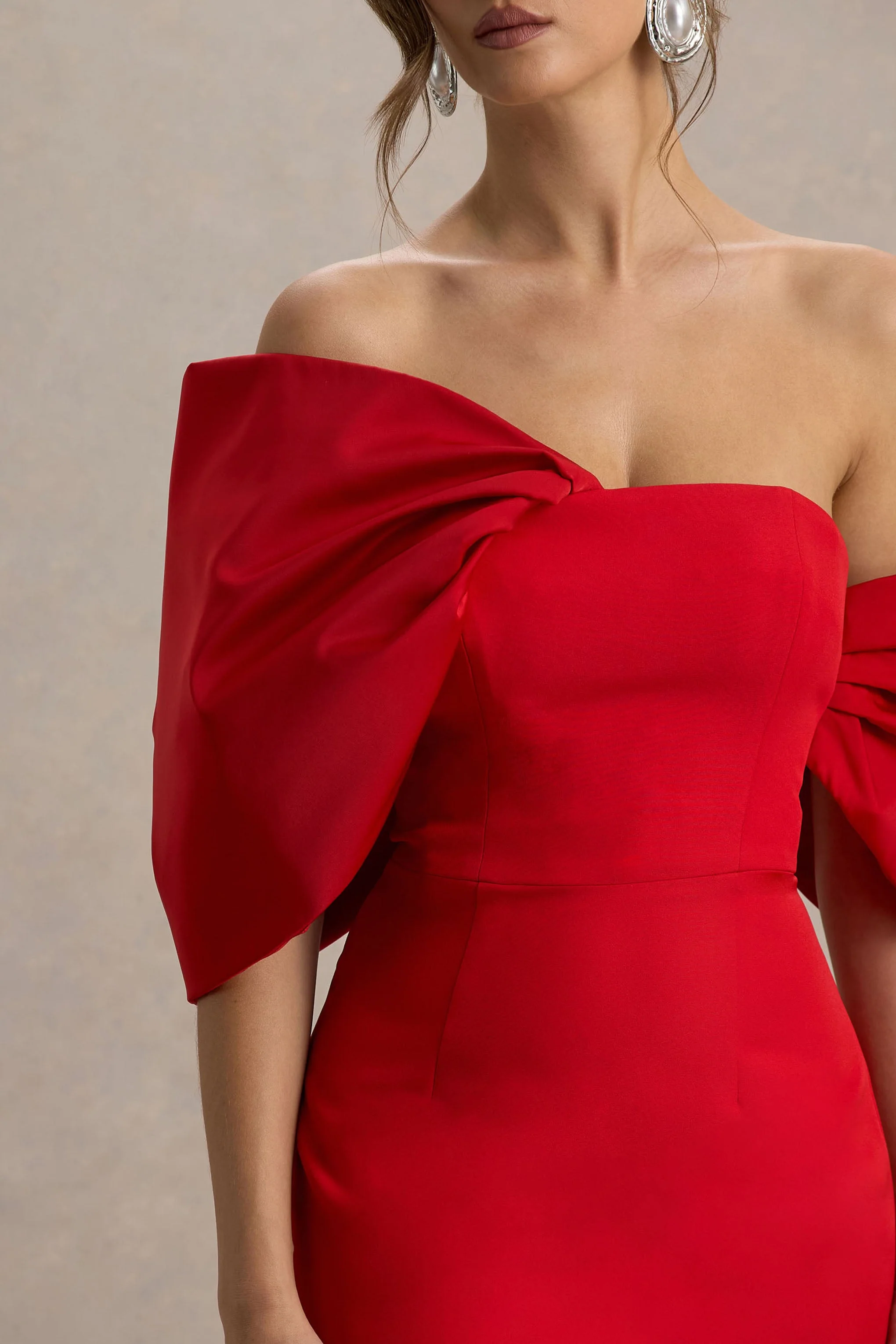 Lucille | Rotes asymmetrisches Bardot-Midikleid - Image 6