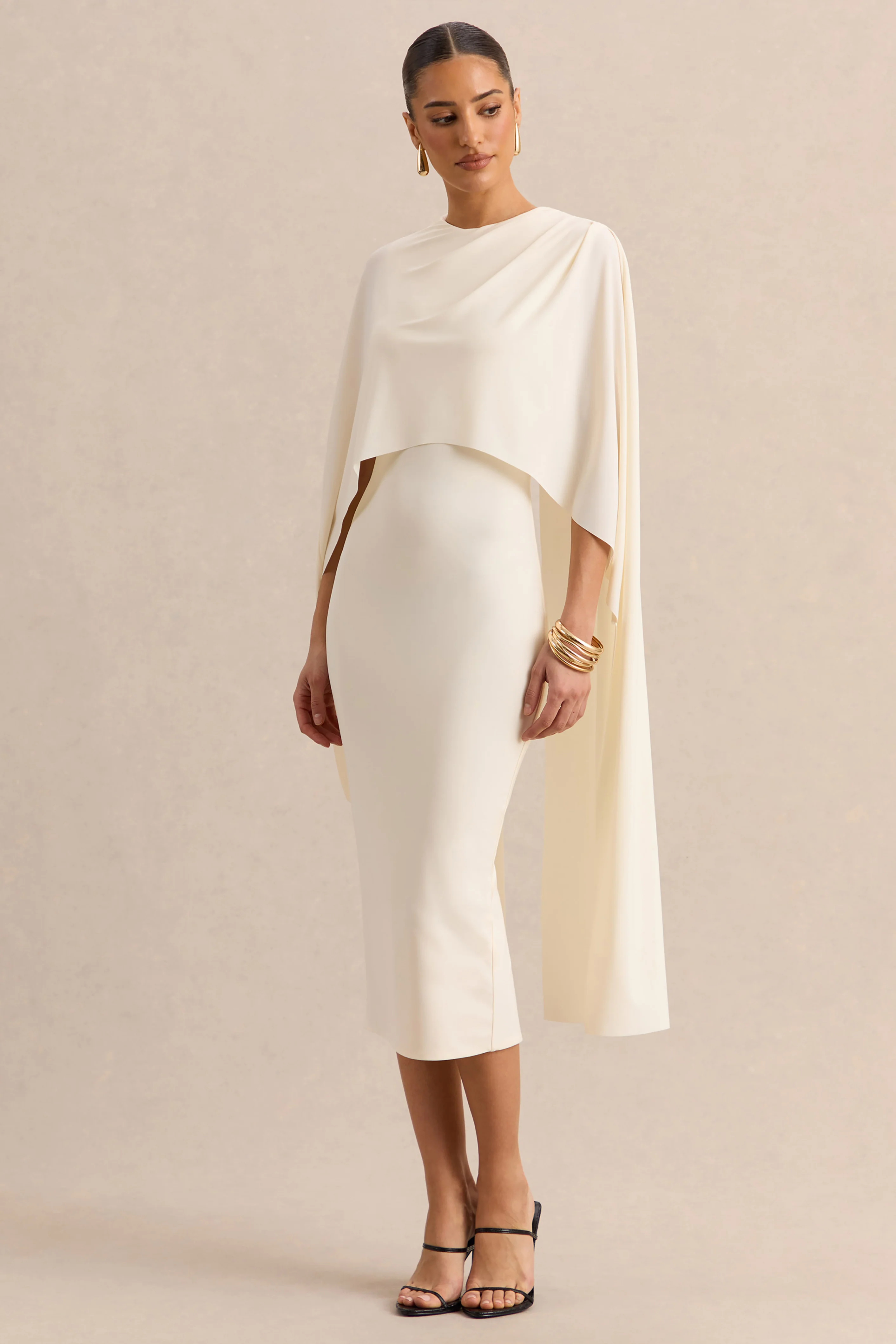 Luxalyn | Cremefarbenes Midikleid mit Rundhalsausschnitt und Cape-Detail - Image 6