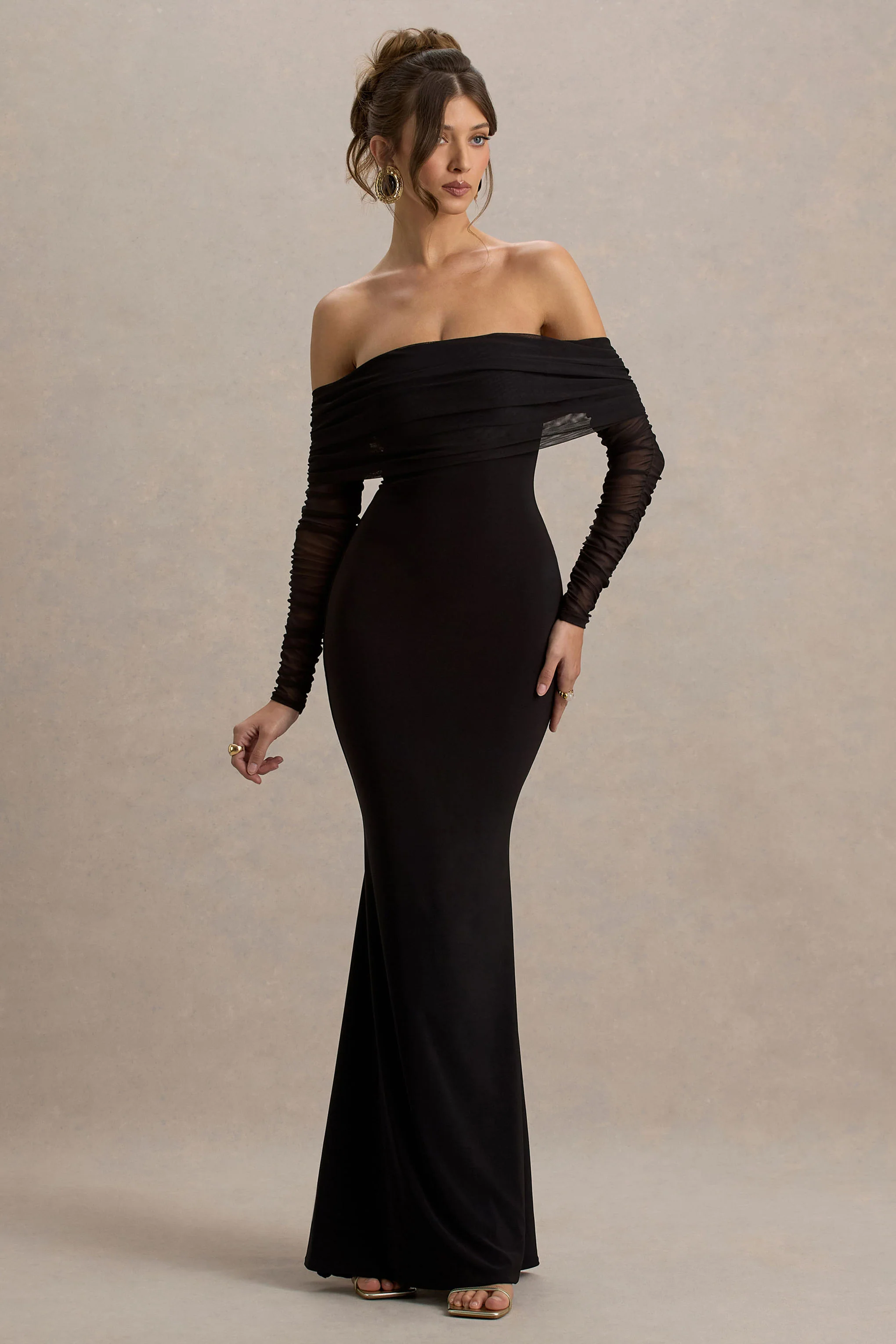 Madeleine | Schwarzes Fischschwanz-Maxikleid mit Bardot-Meshlangärmeln - Image 5