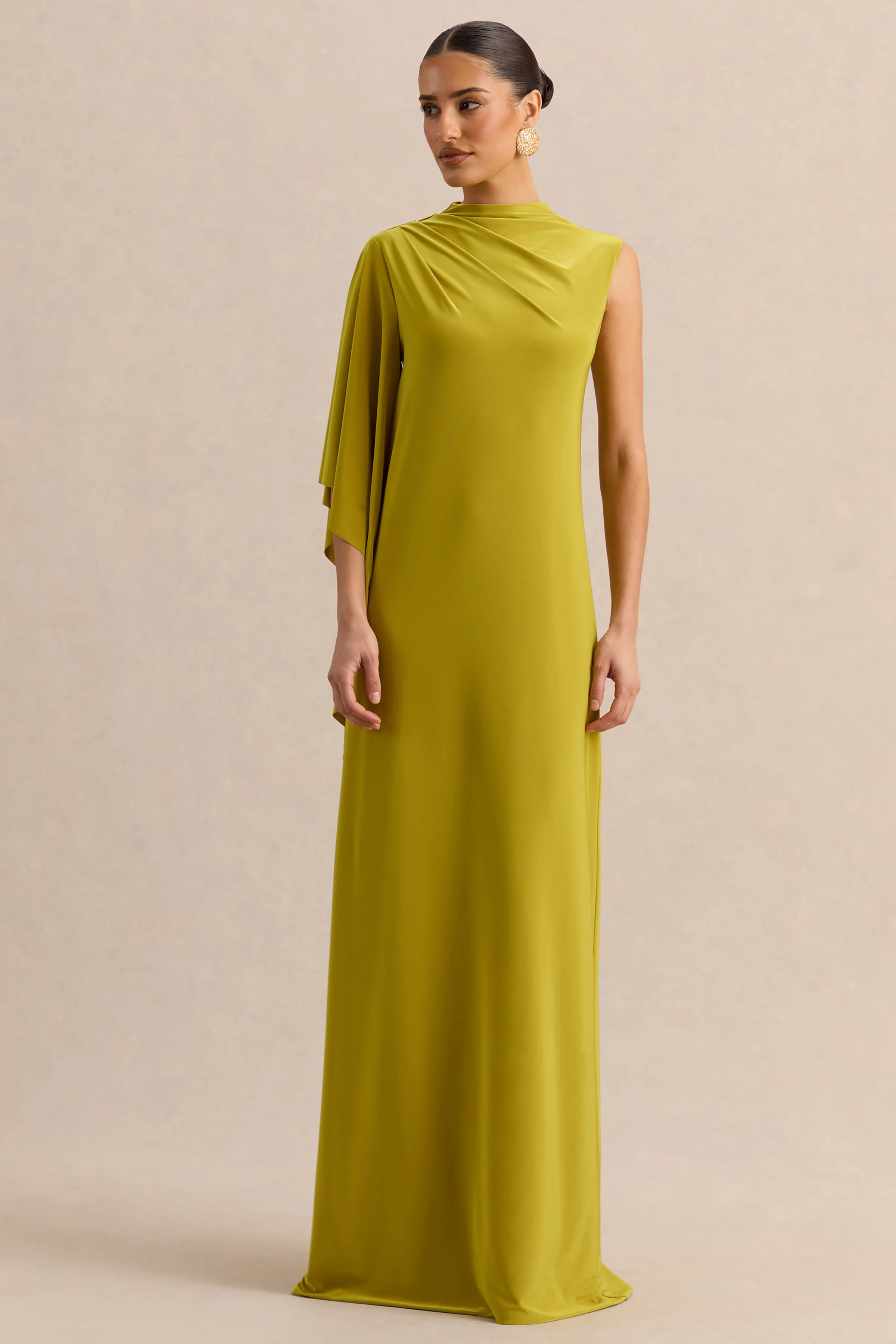 Marosia | Olivgrünes Maxikleid mit hohem Ausschnitt und Cape-Ärmel