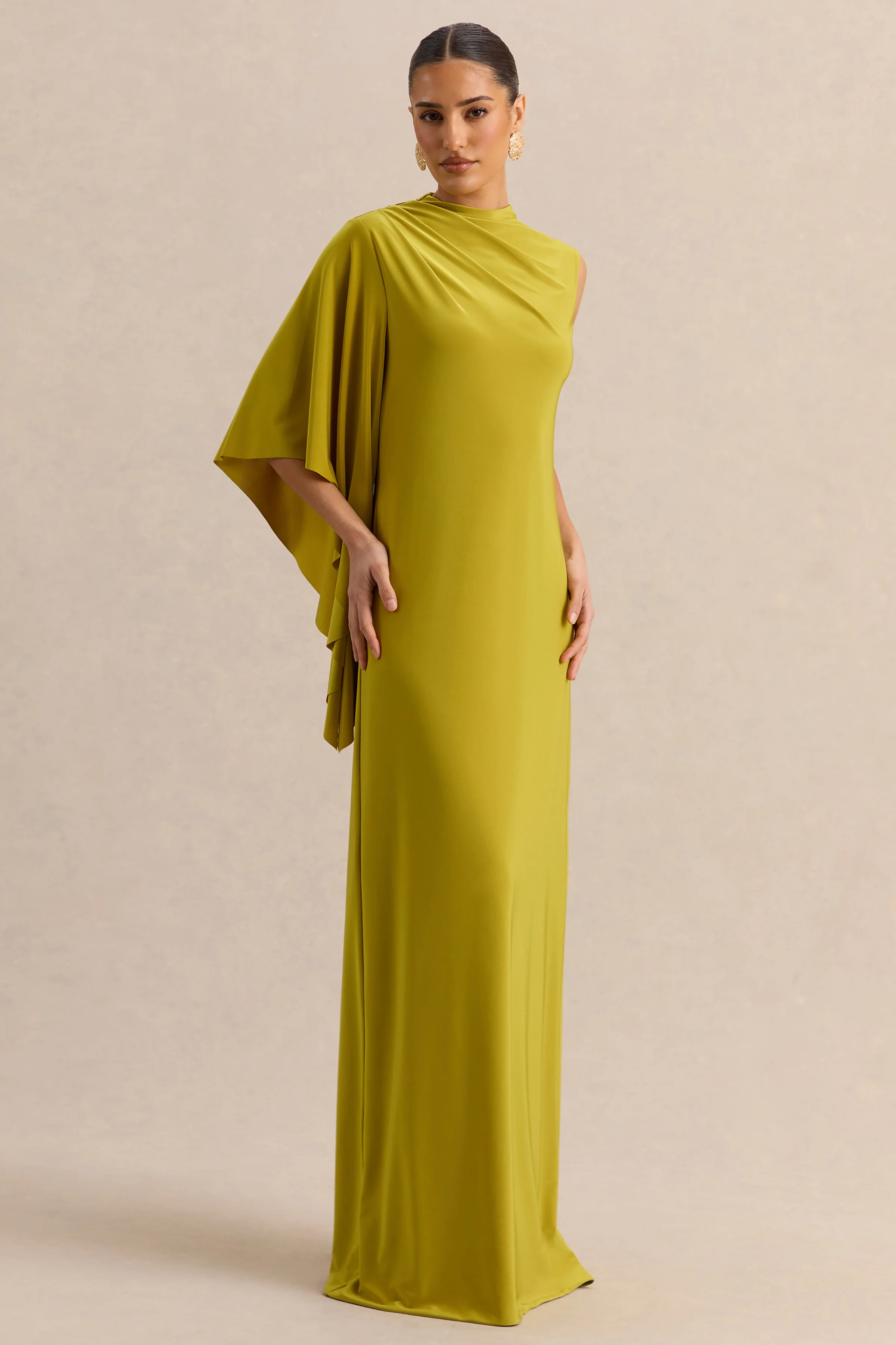 Marosia | Olivgrünes Maxikleid mit hohem Ausschnitt und Cape-Ärmel - Image 4