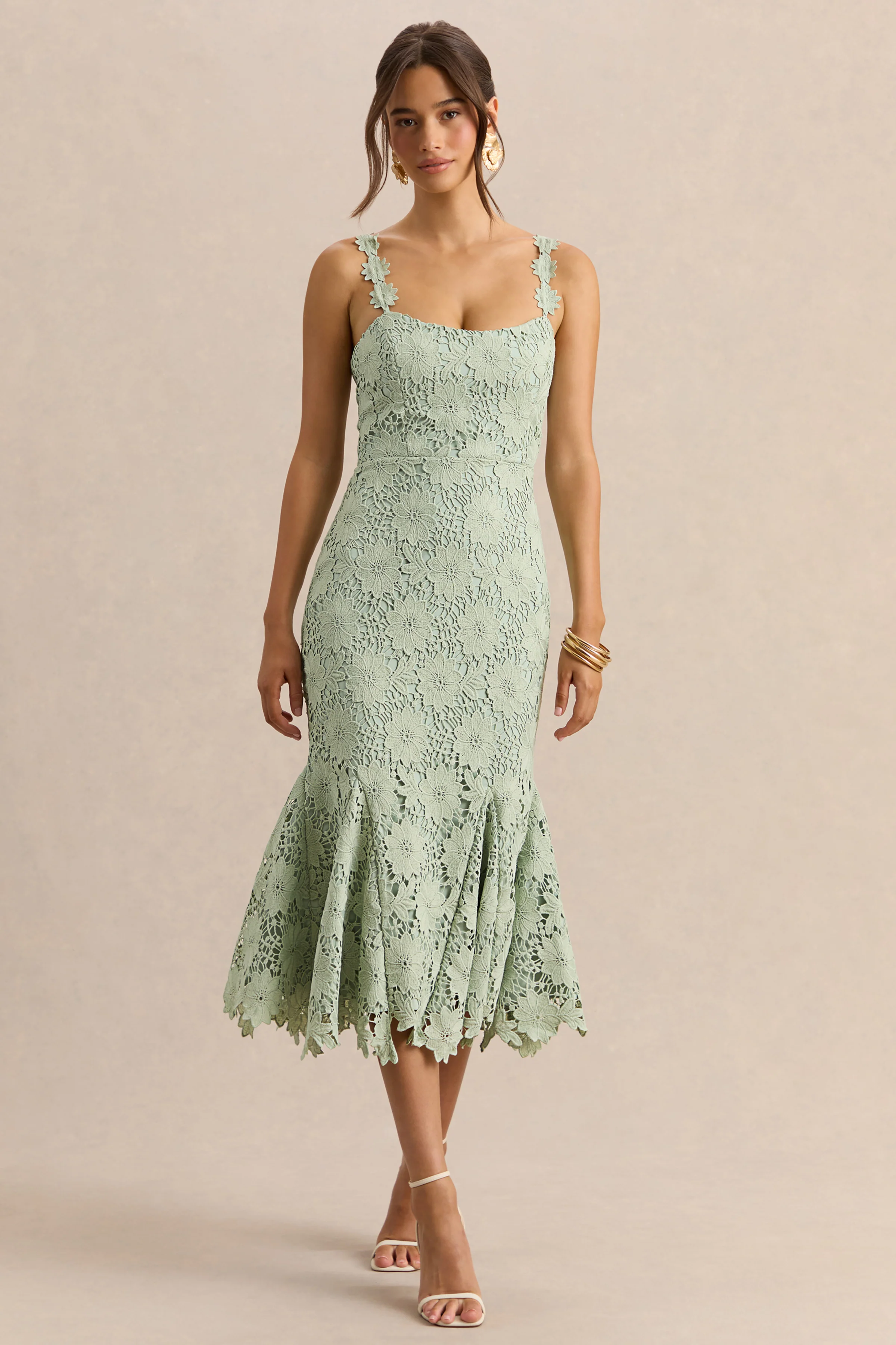 Melia | Salbeifarbenes Midikleid aus Spitze mit U-Ausschnitt - Image 5
