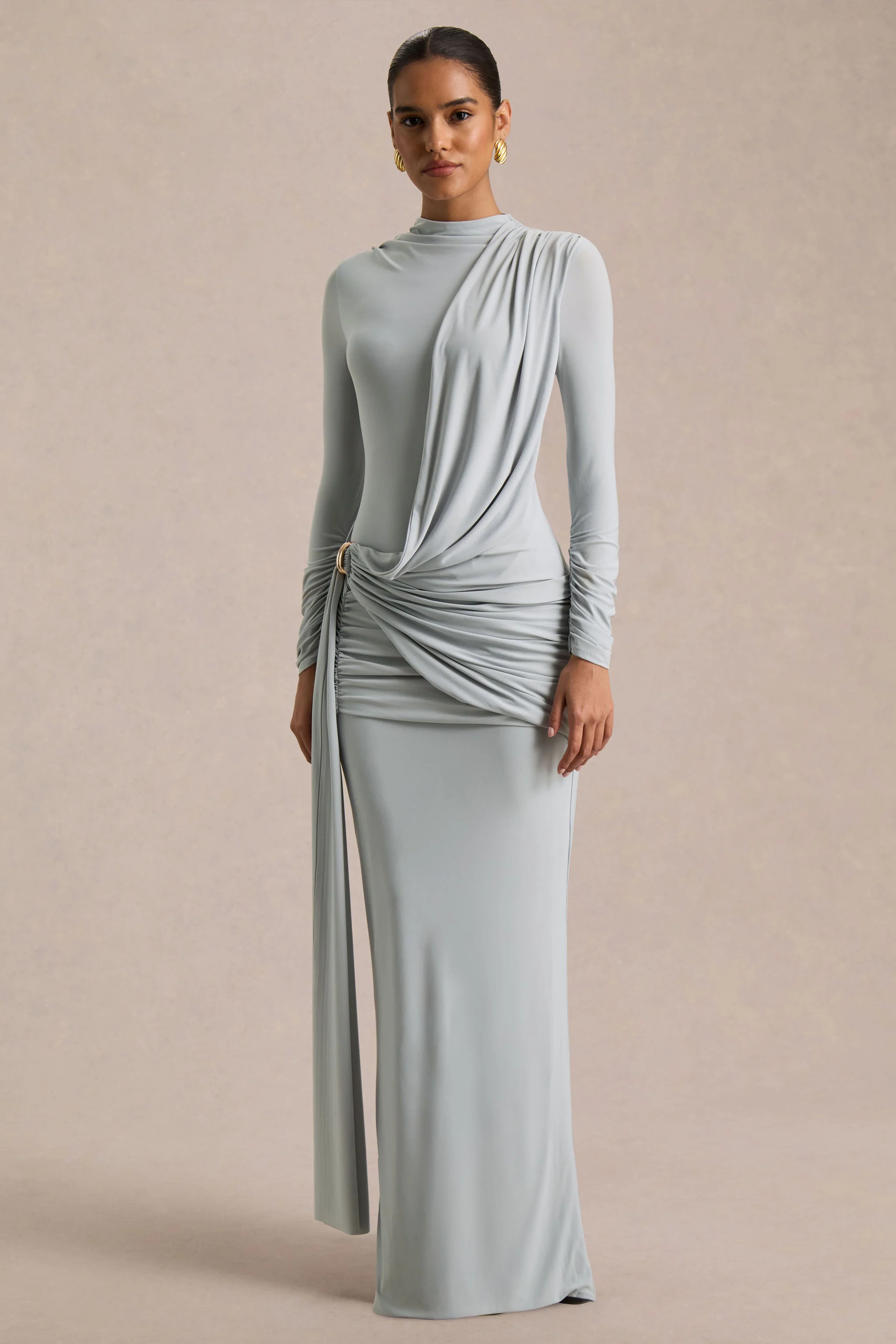 Melissa | Blaues Maxikleid mit langen Ärmeln, Wickeldesign und Drapierung - Image 5