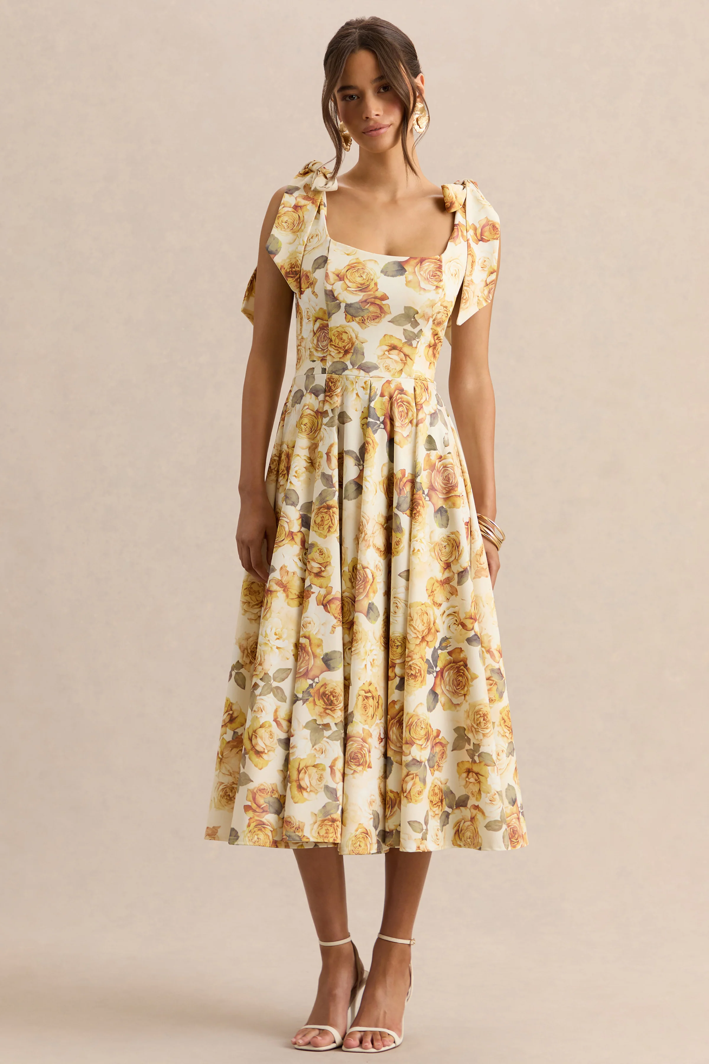Mena | Midikleid mit Zitronen-Rosenprint, eckigem Ausschnitt und Schleifenträgern