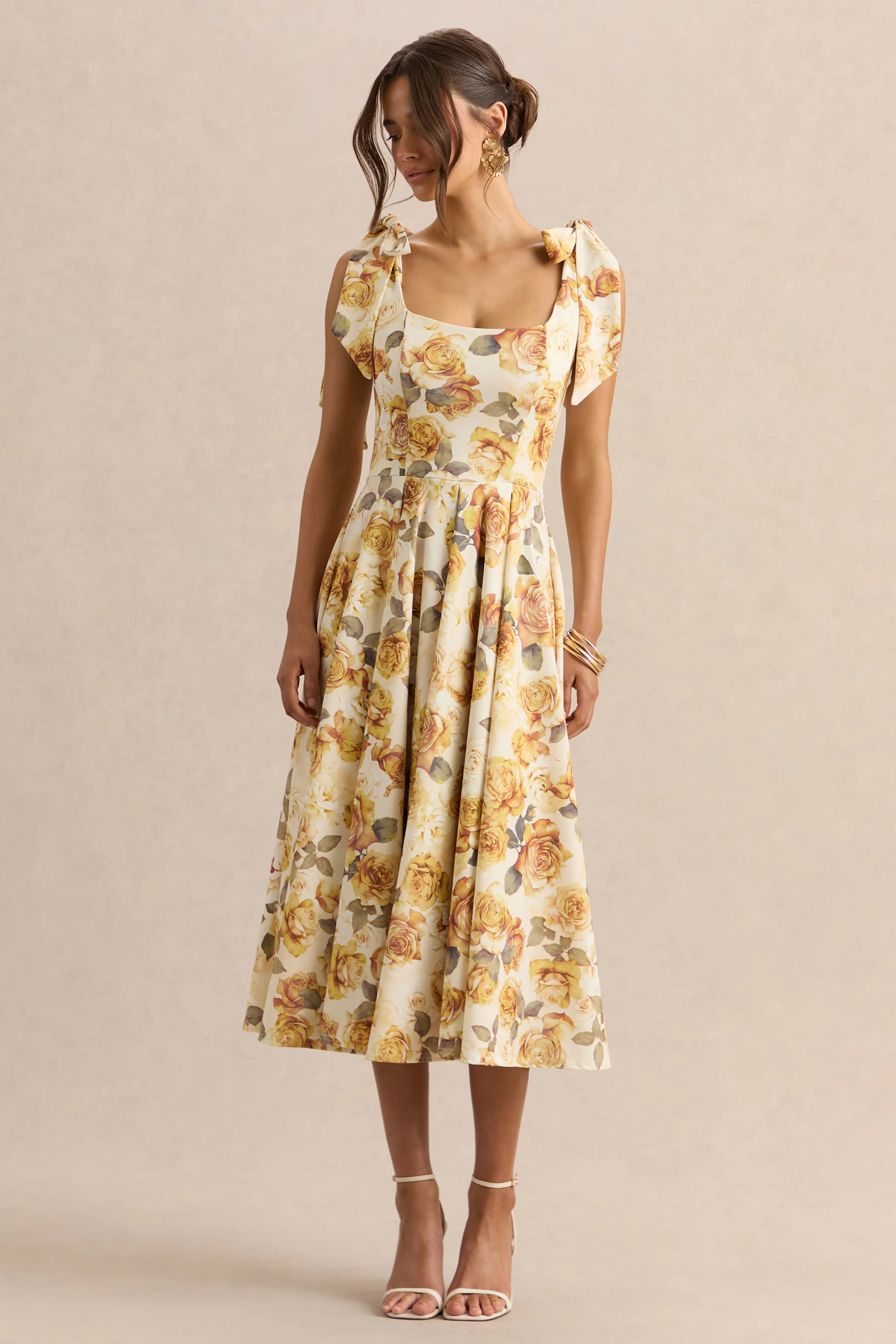Mena | Midikleid mit Zitronen-Rosenprint, eckigem Ausschnitt und Schleifenträgern - Image 4