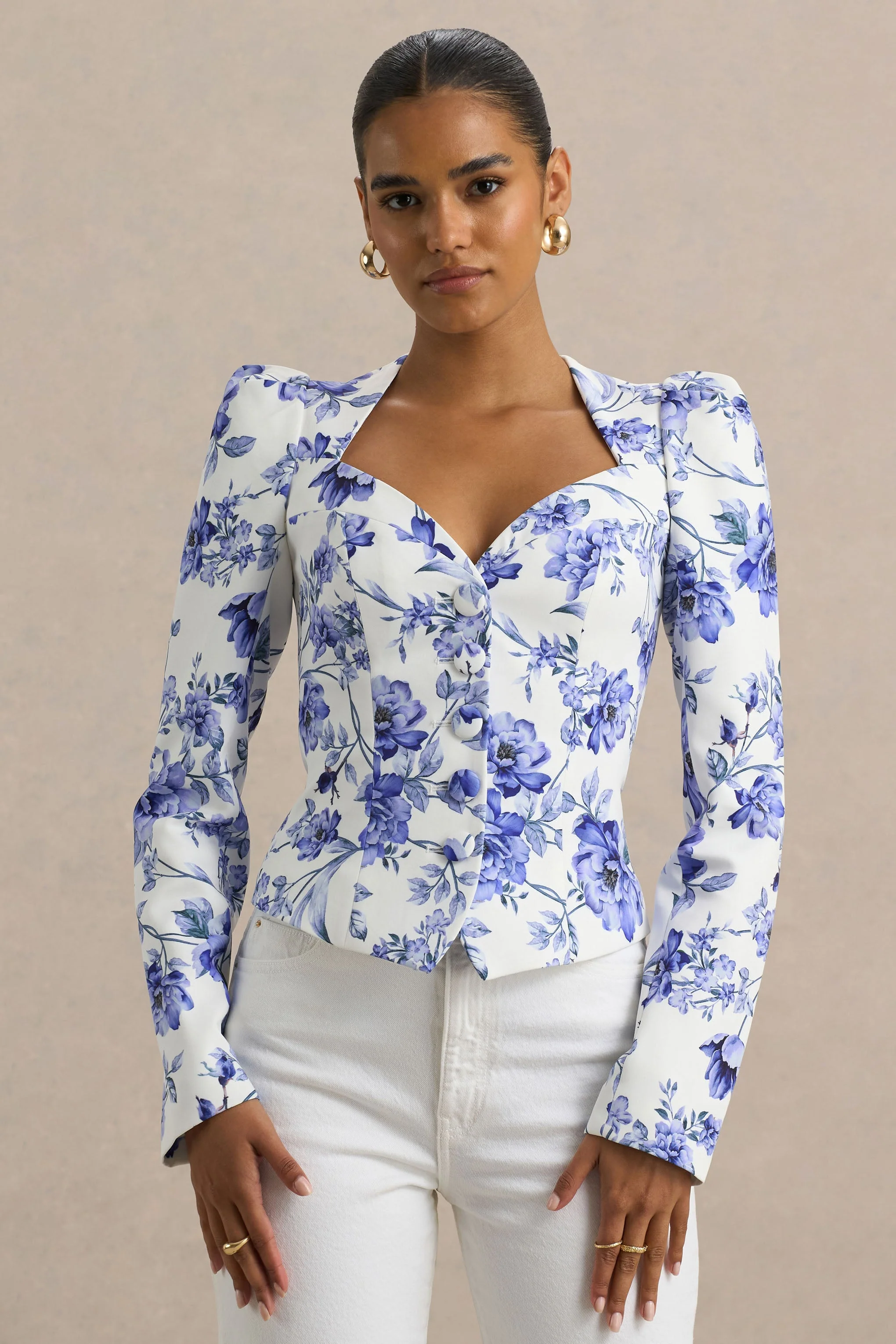 Olympia | Blaues Oberteil mit Blumenmuster und Sweetheart-Ausschnitt, tailliert - Image 2