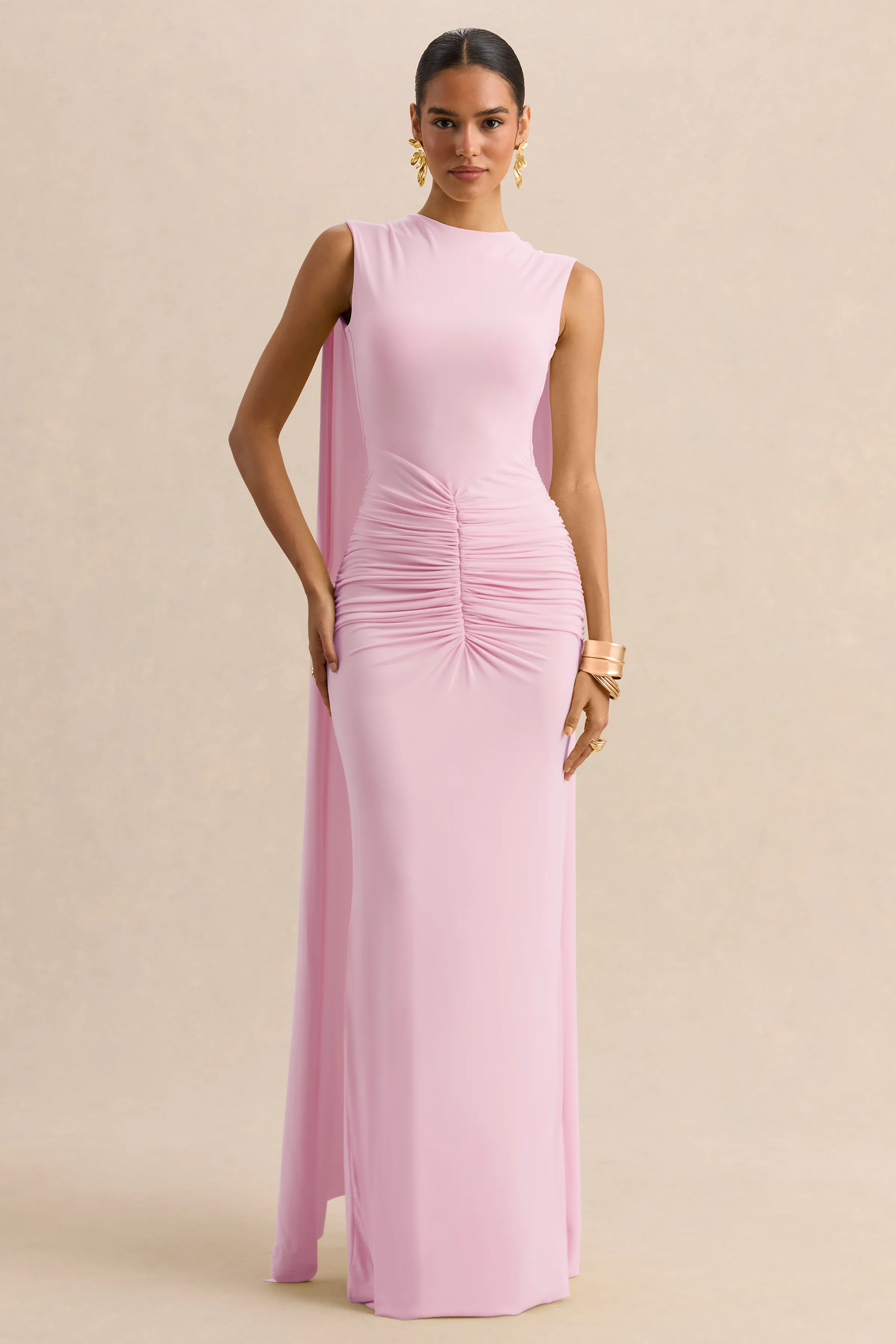 Premiere | Hellrosa Maxikleid mit U-Boot-Ausschnitt, Cape Ärmeln und offenem Rücken - Image 4