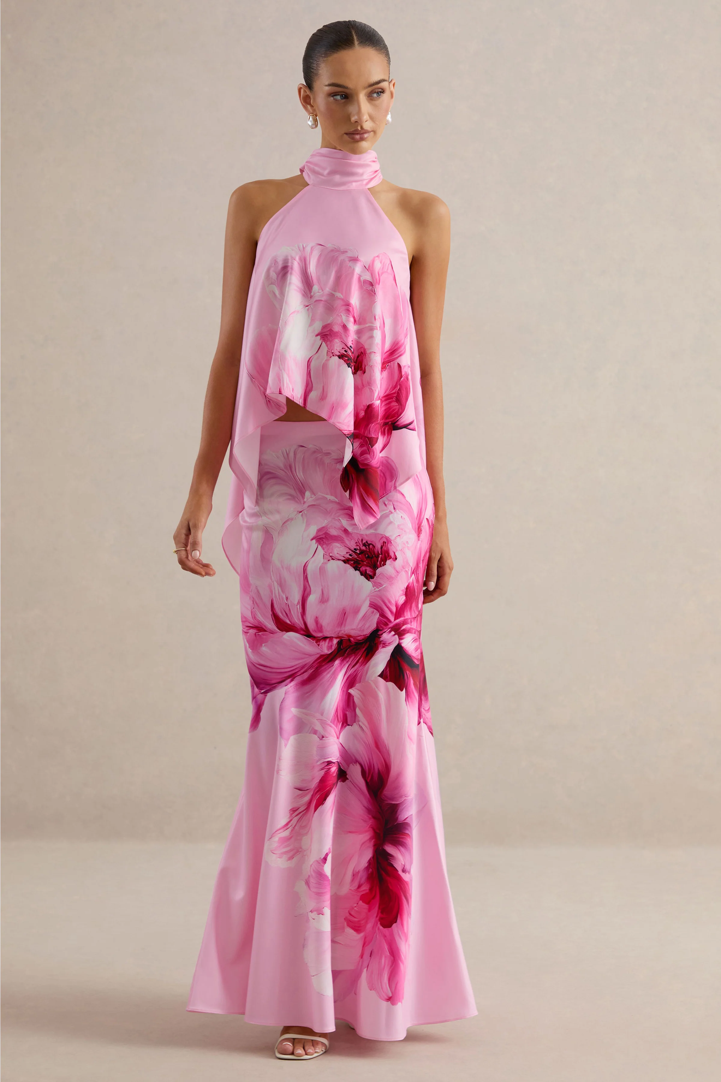 Sancelle | Rosafarbenes Oberteil aus mattem Satin mit floralem Print, Neckholder-Ausschnitt und Schal-Detail - Image 2
