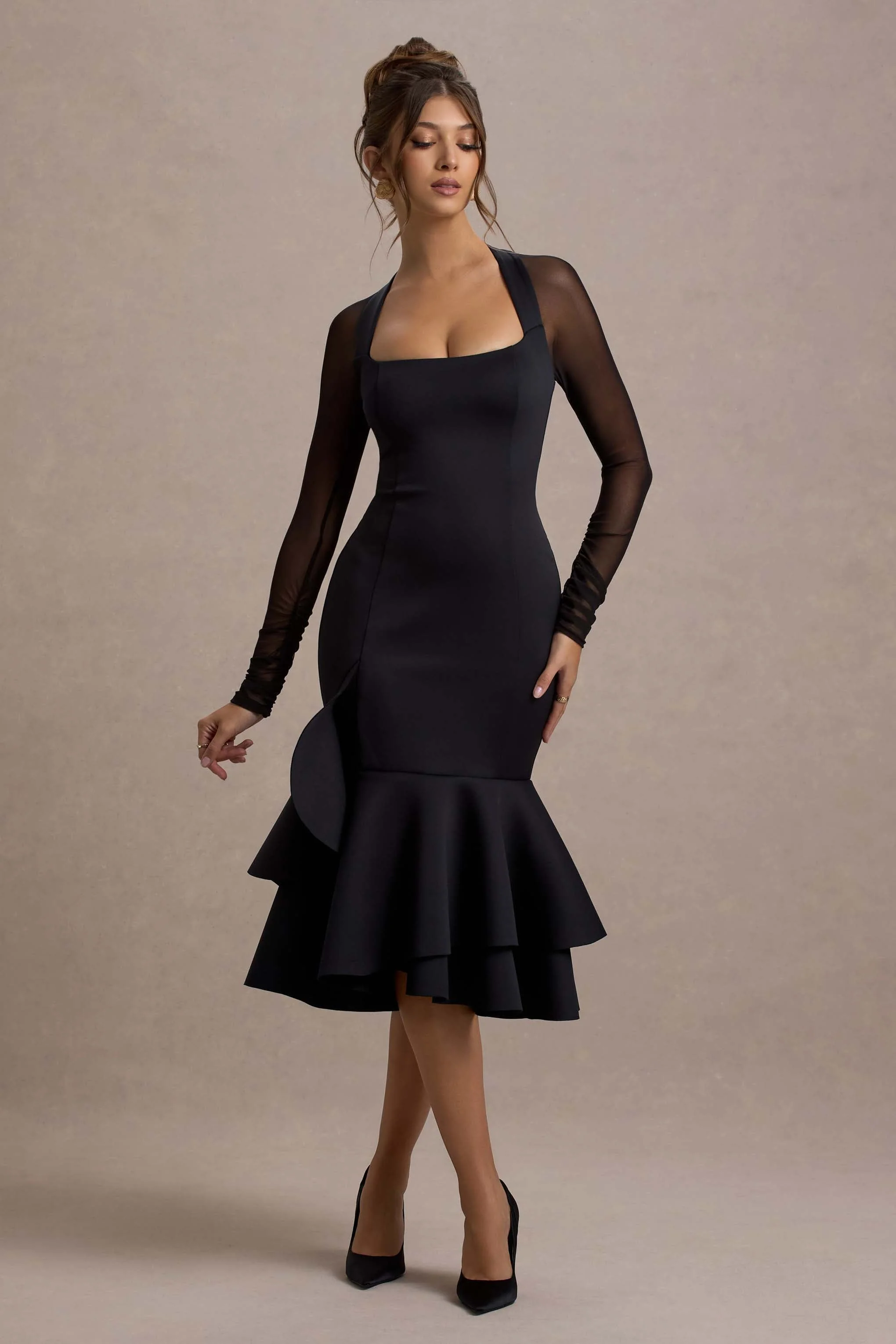 Sander | Schwarzes Midikleid aus Mesh mit langen Ärmeln und Rüschen-Saum - Image 5