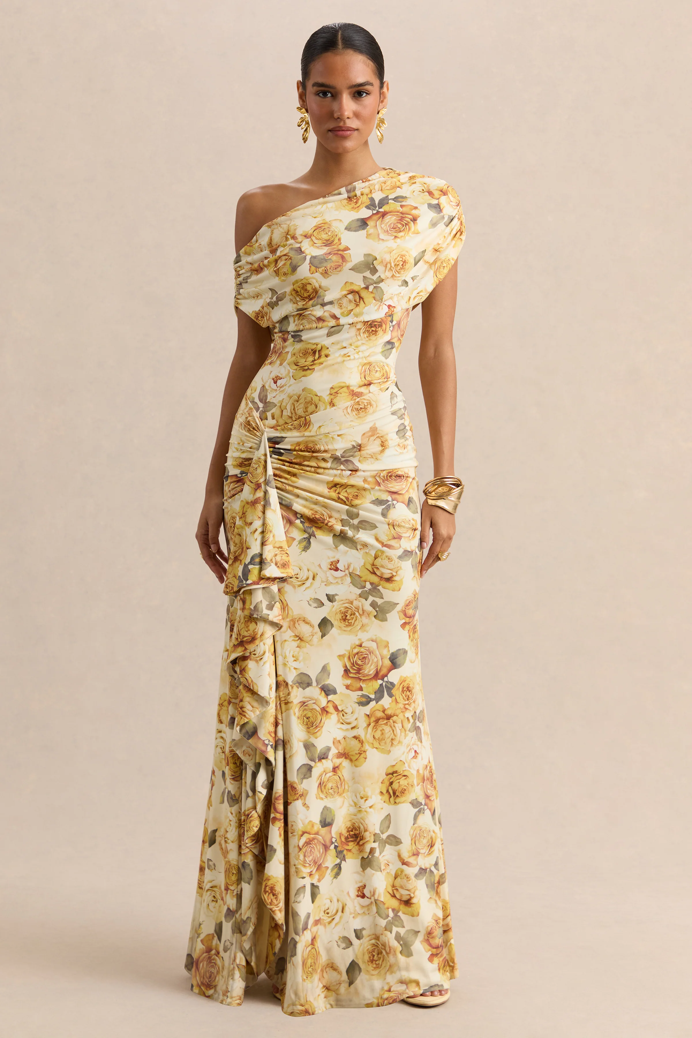 Siora | Zitronengelbes Maxikleid mit Rosenprint, asymmetrischem Ausschnitt und drapierten Details