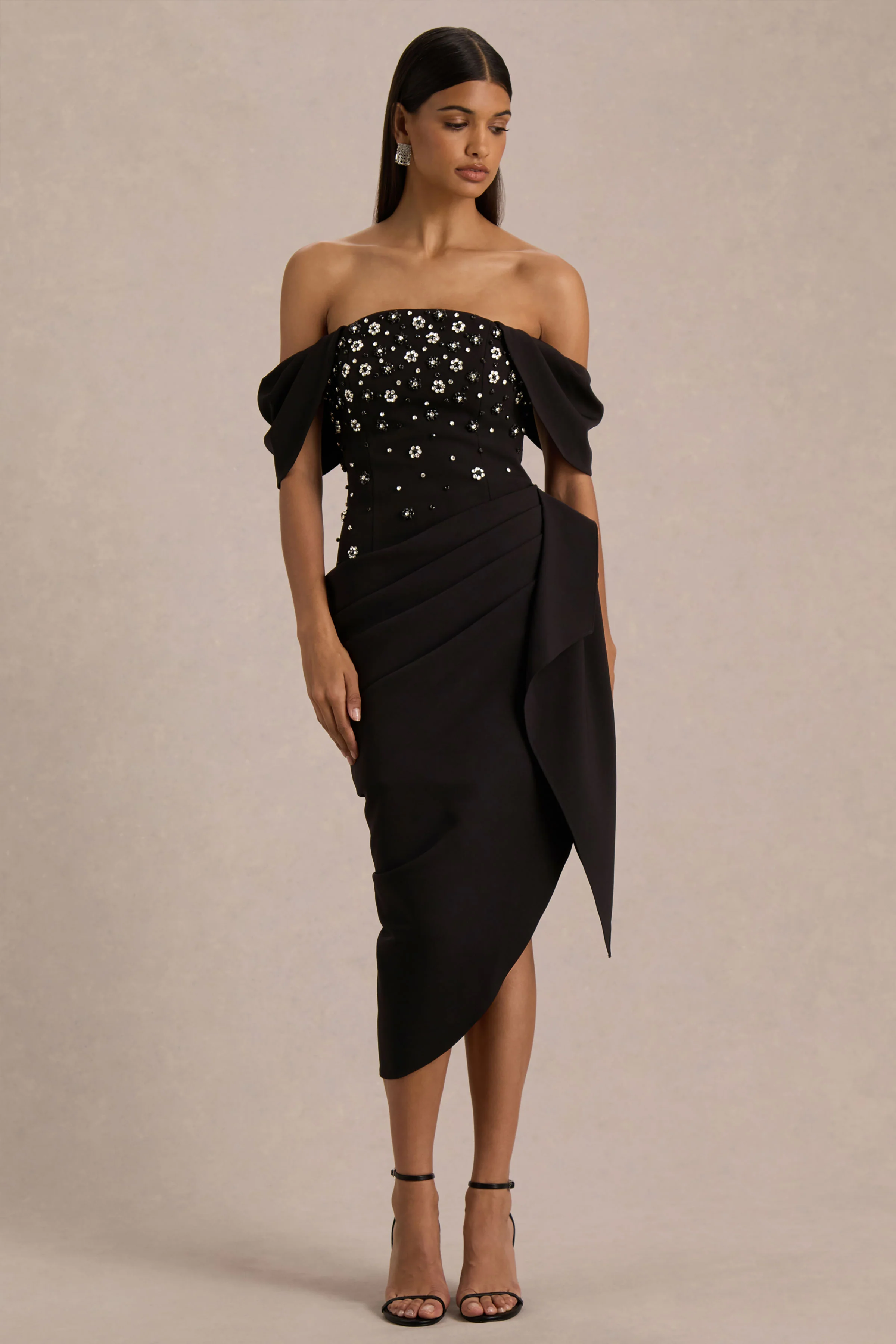 Sylvia | Schwarzes Midikleid mit Bardot-Ausschnitt, verziertem Oberteil und drapiertem Satin-Wickelrock - Image 6